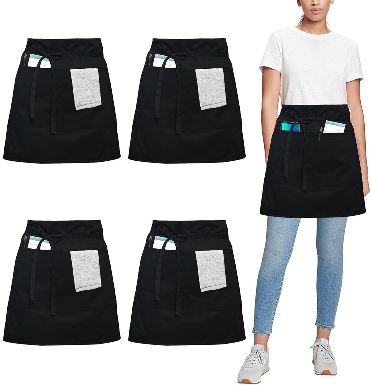 4 Pack Short Server Waitress Chef Apron, Black Waist Aprons with 3 Pockets for Women Men, Half Apron for Waiter Cooking Dishwashing Cleaning Painting Gardening Barbecue (Polycotton - Black)