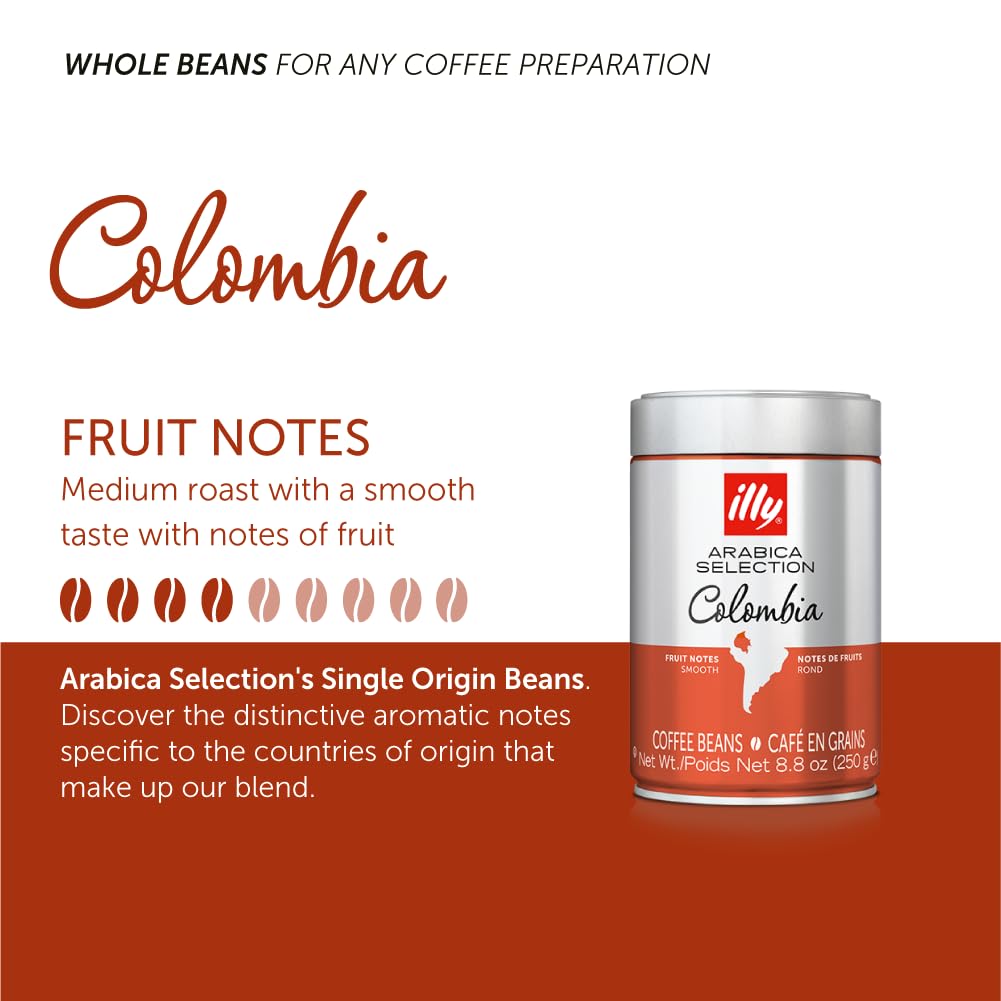 illy Whole Bean Coffee, Arabica Selections, Colombia, Single Origin, Smooth with Notes of Citrus Fruits, 100% Arabica Beans, All-Natural, No Preservatives, 8.8 Ounce Can (Pack of 6)