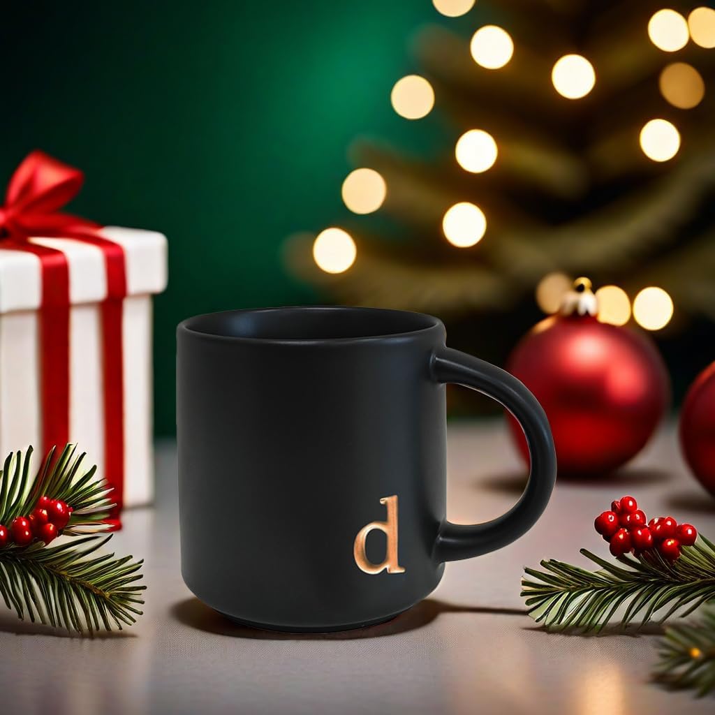 COLLECTIVE HOME - Black Monogram Ceramic Mugs, 15 oz Golden Initial Coffee Cups, Elegant Alphabet Tea Mugs, Personalized Halloween Mug with Gift Box, Perfect for Office and Home Décor (d)