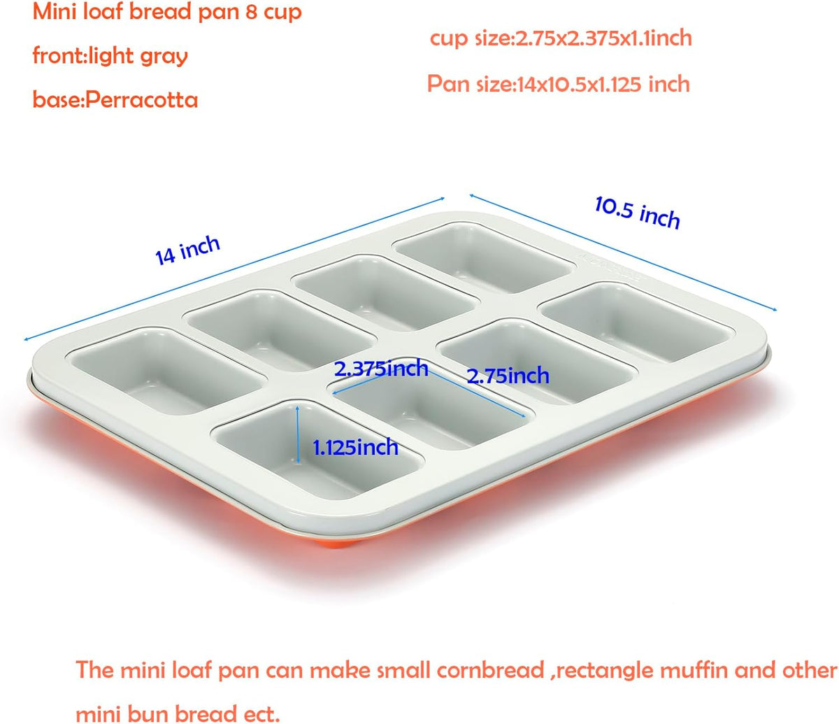 Mini Loaf Baking Pan 8 Cavity- Small Rectangle cake Pan -Financier Cake Mold Carbon Steel light gray non-stick coating bakeware w Perracotta base