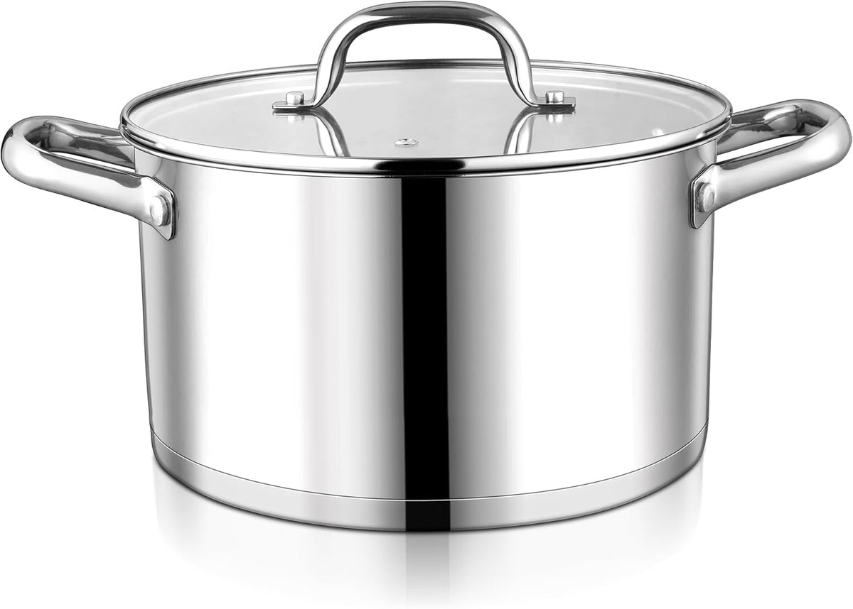 LIANYU 6 QT Stainless Steel Stock Pot, Kitchen Tri-ply Base Cooking Soup Pot with Glass Lid, Heavy Duty Non-toxic Cookware for Meal, Compatible with Induction Cooktop Electric Stove, Dishwasher Safe
