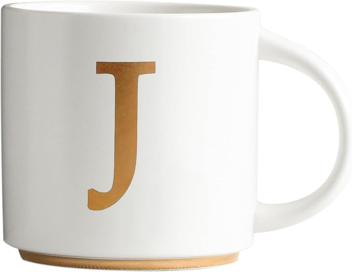 COLLECTIVE HOME - Monogram Ceramic Mugs, 15 oz Golden Initial Coffee Cups, Elegant Alphabet Tea Mugs, Elegant Personalized Mug with Gift Box, Unique Mug with Double Side Capital Letter (J)