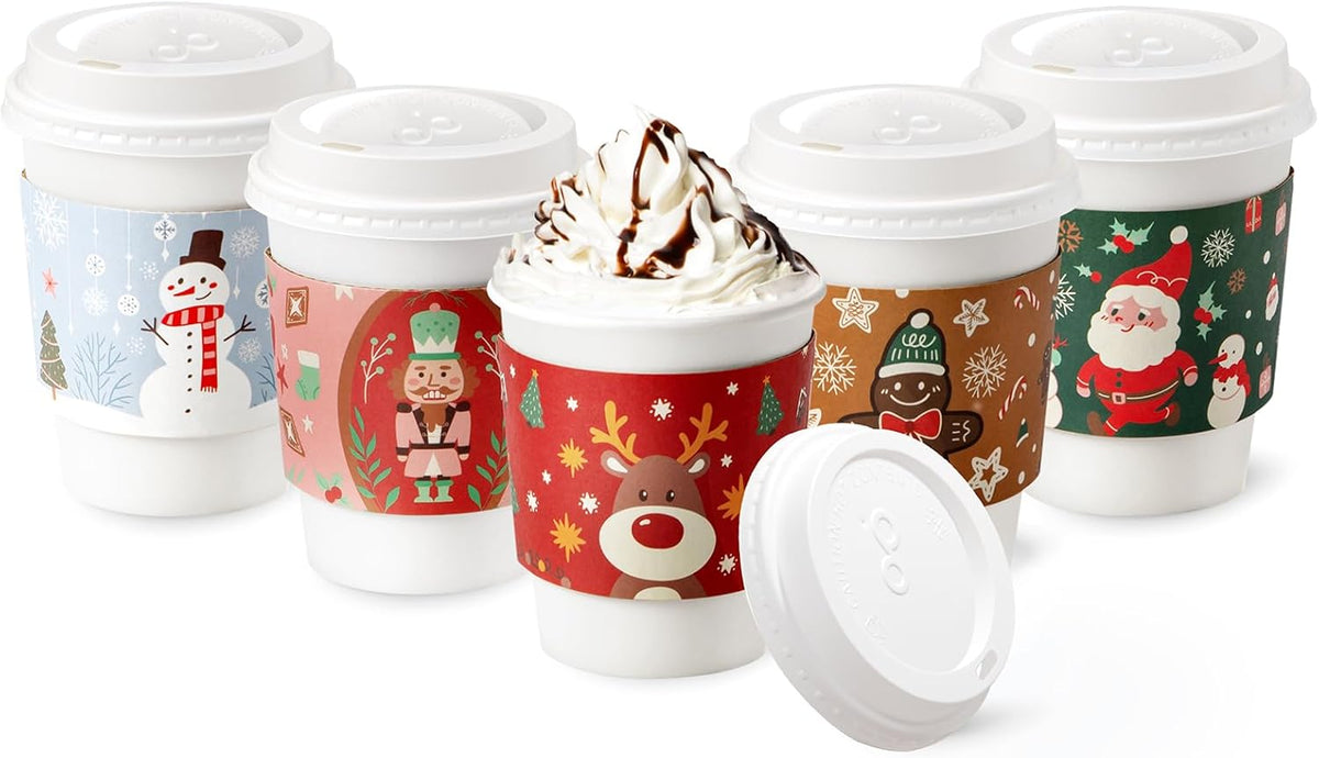 Fit Meal Prep 50 Pack 12 oz Christmas Disposable Coffee Cups with Lids, Sleeves, Leak-Proof To Go Coffee Cups with Lids, Durable Holiday Hot Paper Cups for Home, Office, Party, Business