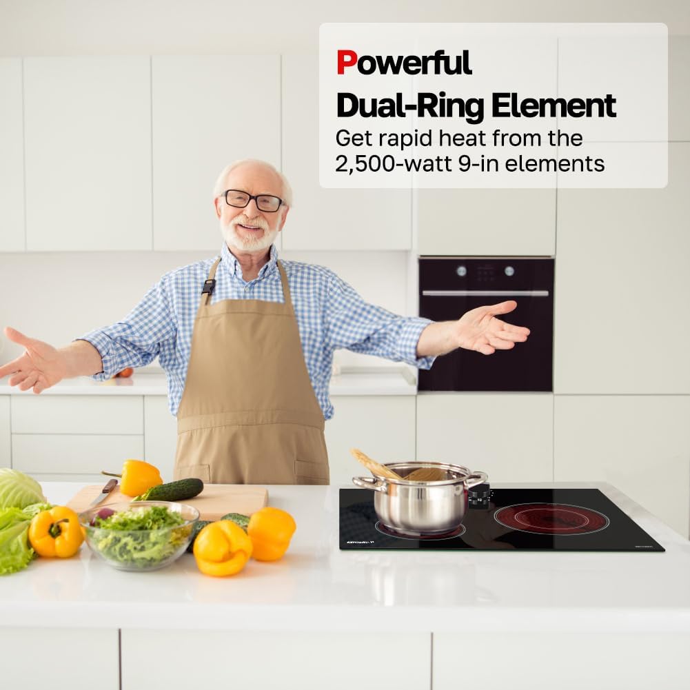 Apartment Electric Cooktop, ThermoMate 21 Inch Built-in Radiant Electric Stove Top, 3700W Ceramic Stove Top with 2 Burners, UL Certified, Knob Control, 240V