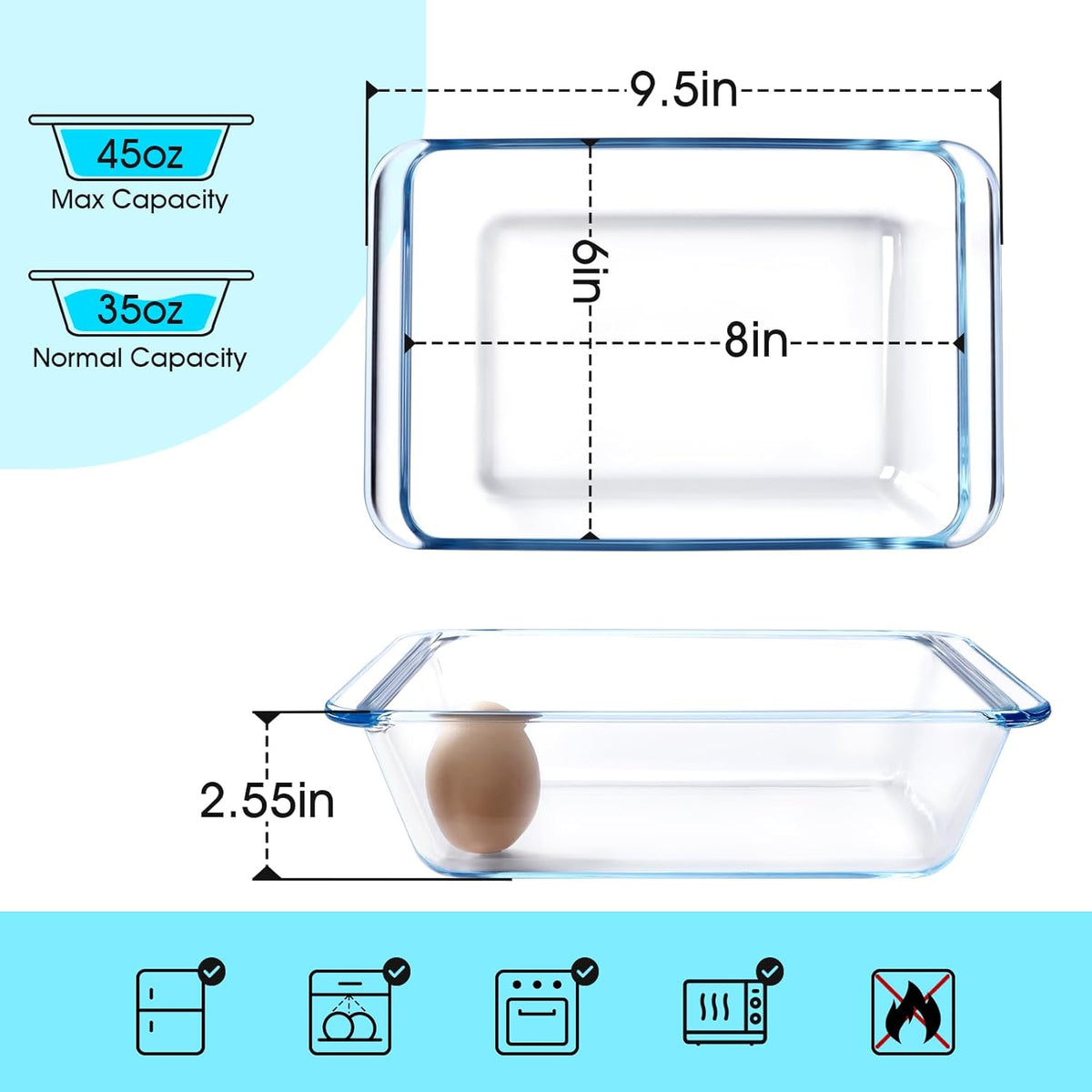 NUTRIUPS 1.4QT Deep Glass Baking Dish,(8×6inches）Small Glass Baking Pan,Rectangular Lasagna Pan,Small Glass Casserole Dish,Microwave & Oven Safe