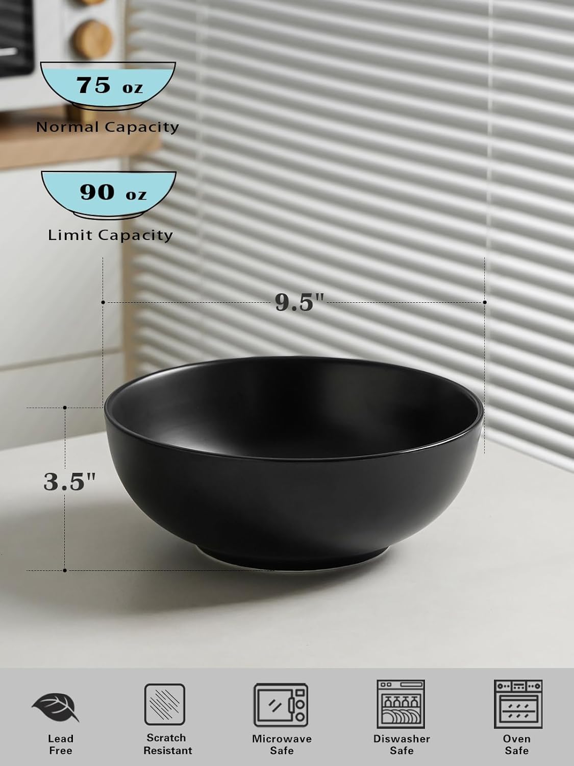 Kanwone Large Serving Bowls - 9.5 inch, 90oz Ceramic Salad Bowls, Fruit Bowls, Pasta, Soup Bowls, Set of 2, Serving Bowls for Entertaining, Microwave and Dishwasher Safe, Matte Black
