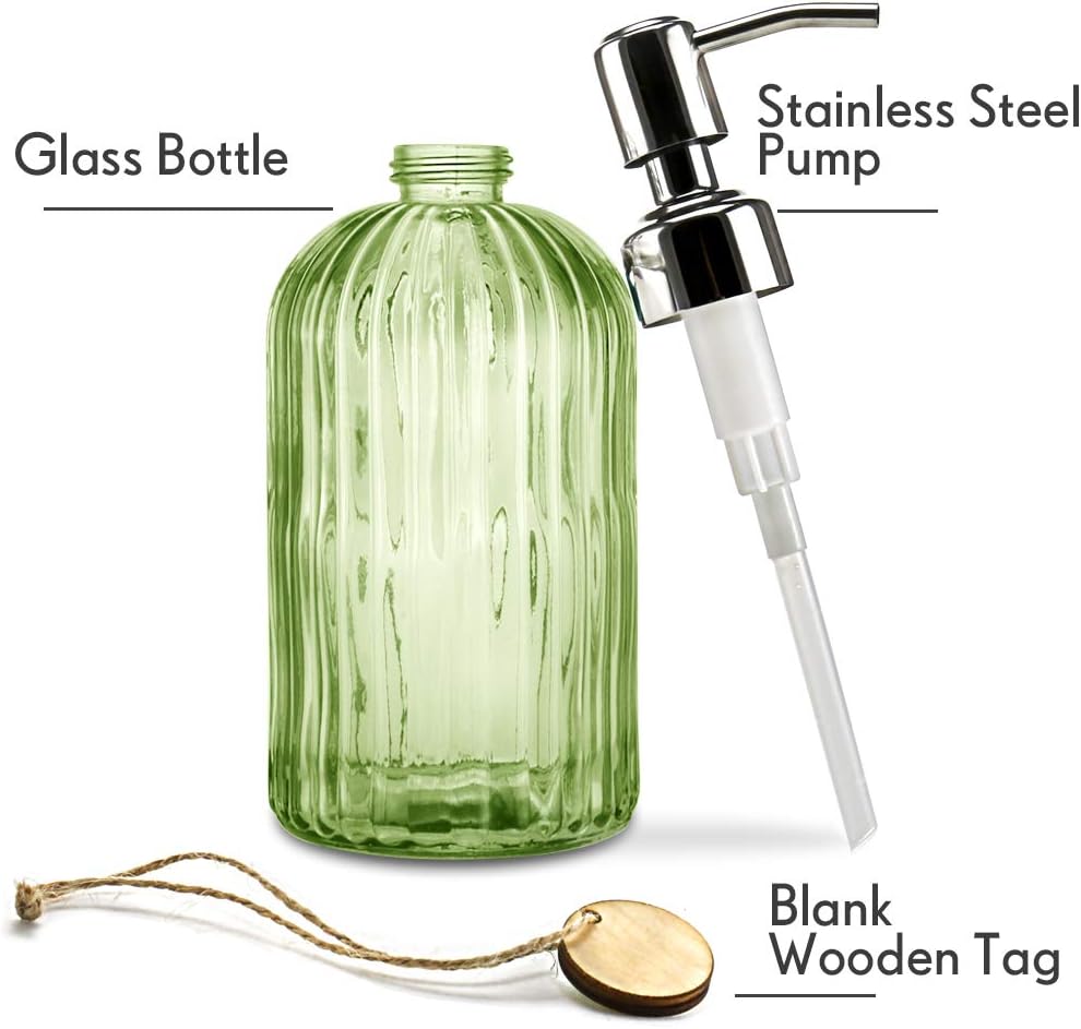 JASAI 18 Oz Vertical Striped Green Soap Dispenser with 304 Rust Proof Stainless Steel Pump, Refillable Lotion Soap Dispenser for Bathroom, Kitchen, Hand Soap, Dish Soap (Clear Green)