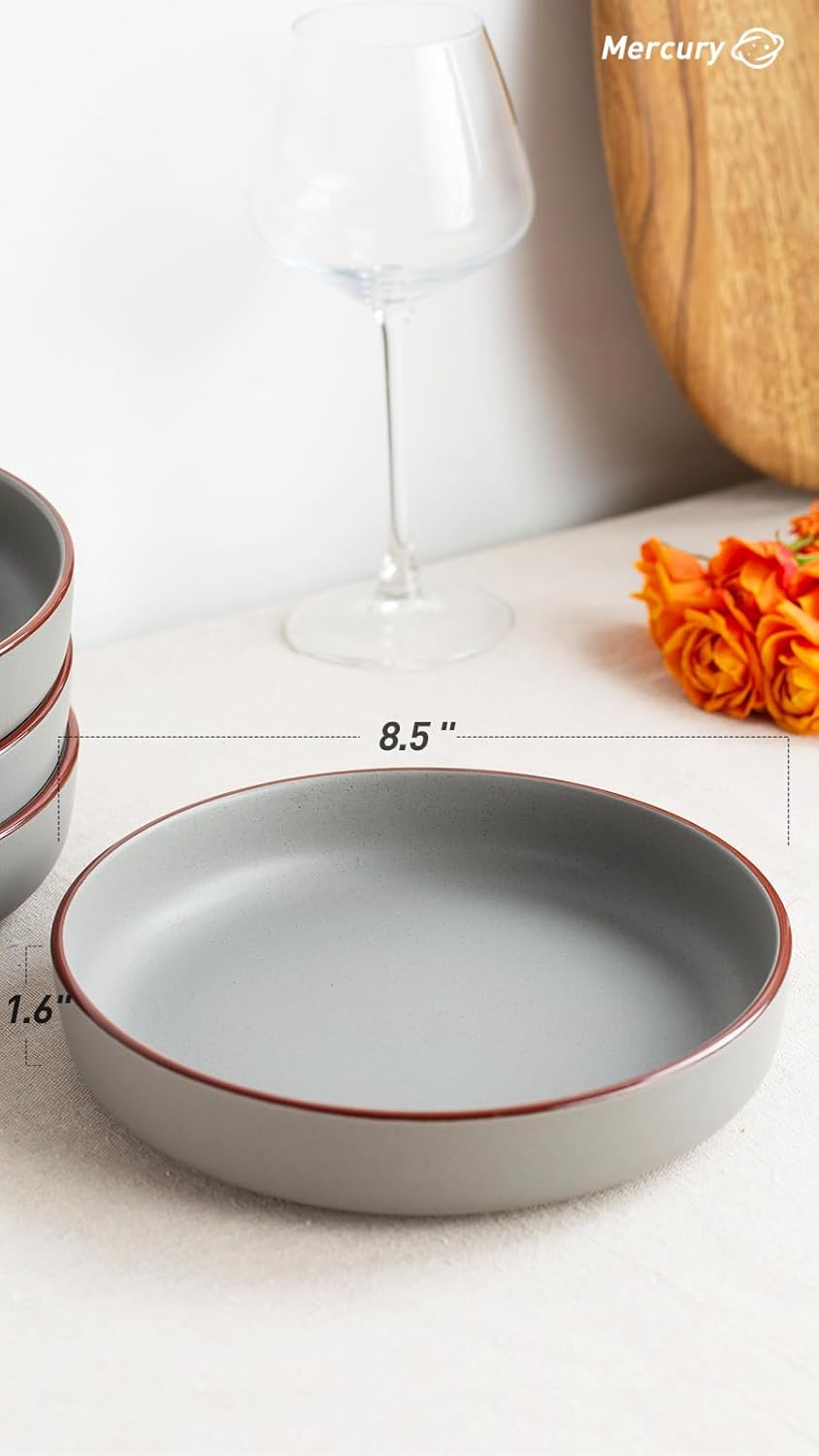 famiware Mercury Pasta Bowls Set of 4, 33 oz Large Salad Bowls, Ceramic Pasta Plates Bowls, Serving Bowls for Kitchen, Microwave & Dishwasher Safe, Dark Gray