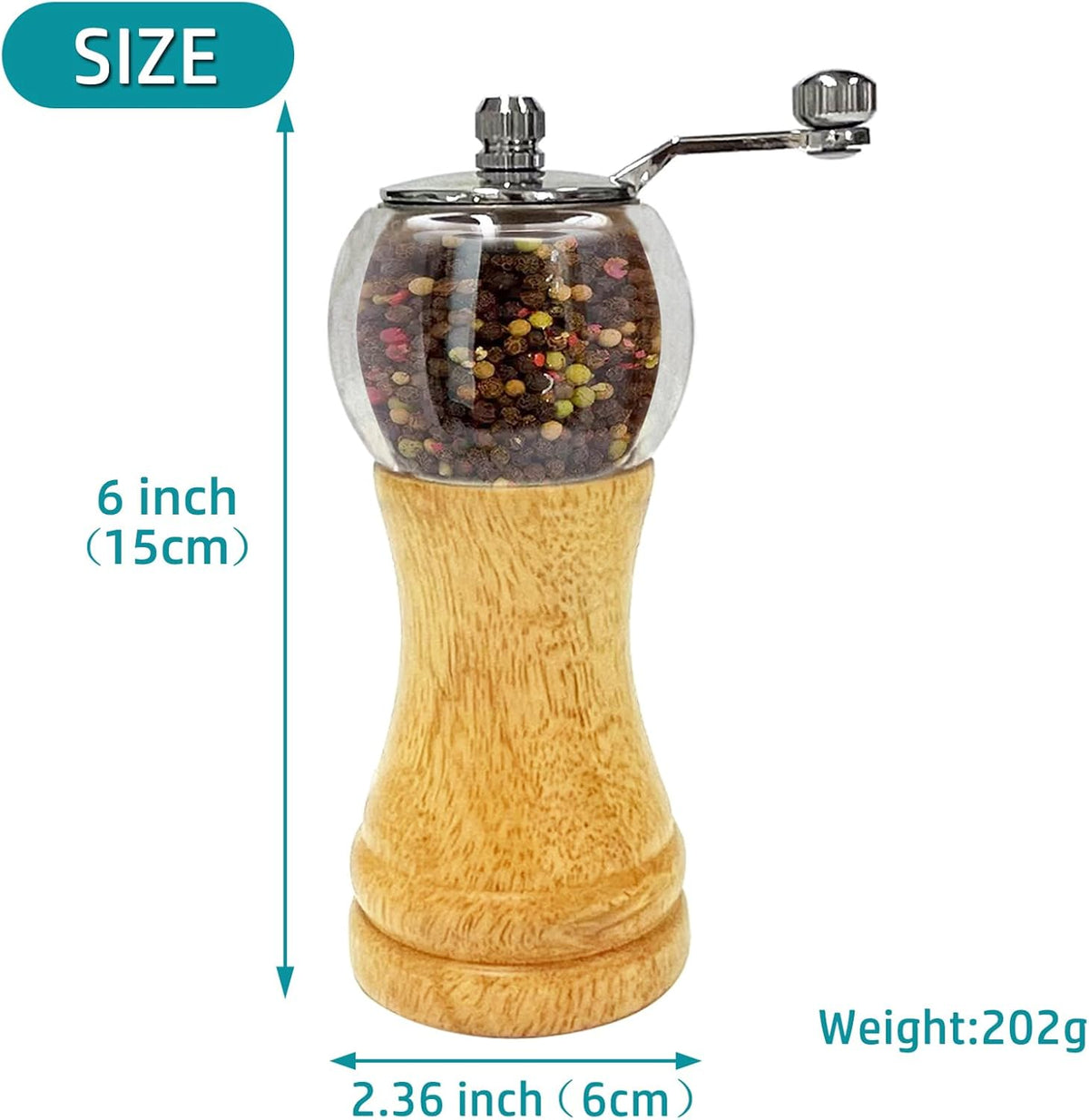 Pepper Mill Set，Manual Pepper Mills, Classical Hand Shake Wooden Pepper Grinder Set，Salt Mills，Wooden Pepper Mill，Ceramic Blades Metal Handle，Enjoy Fresh Ground Pepper (Burlywood 1pcs-6in)