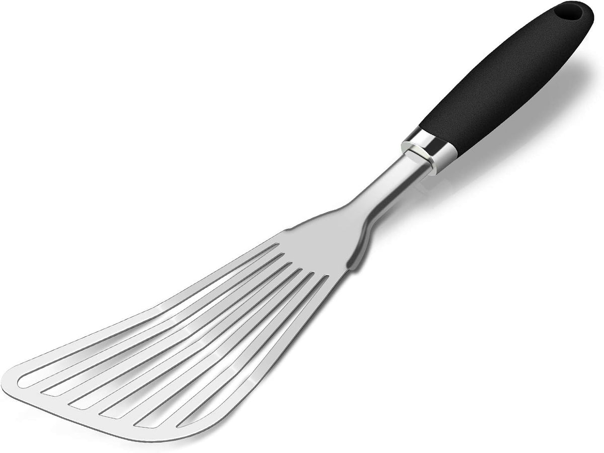 304 Stainless Steel Fish Spatula, Non-Slip Ergonomic Handle Slotted Spatula, Black