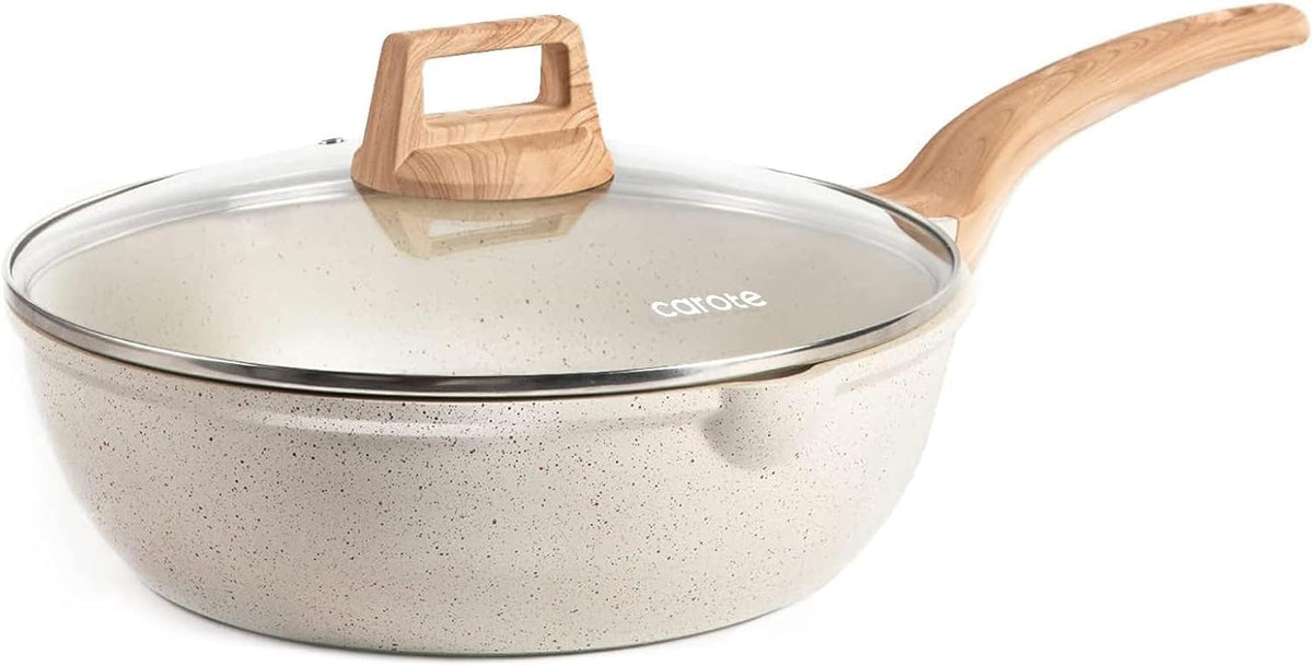 CAROTE 10Inch Nonstick Deep Frying Pan with Lid, 4.5Qt Jumbo Cooker Saute Pan with Pour Spout, Skillet Induction Cookware, Non Stick Cooking Pan Kitchen Pan PFOA Free, White Granite