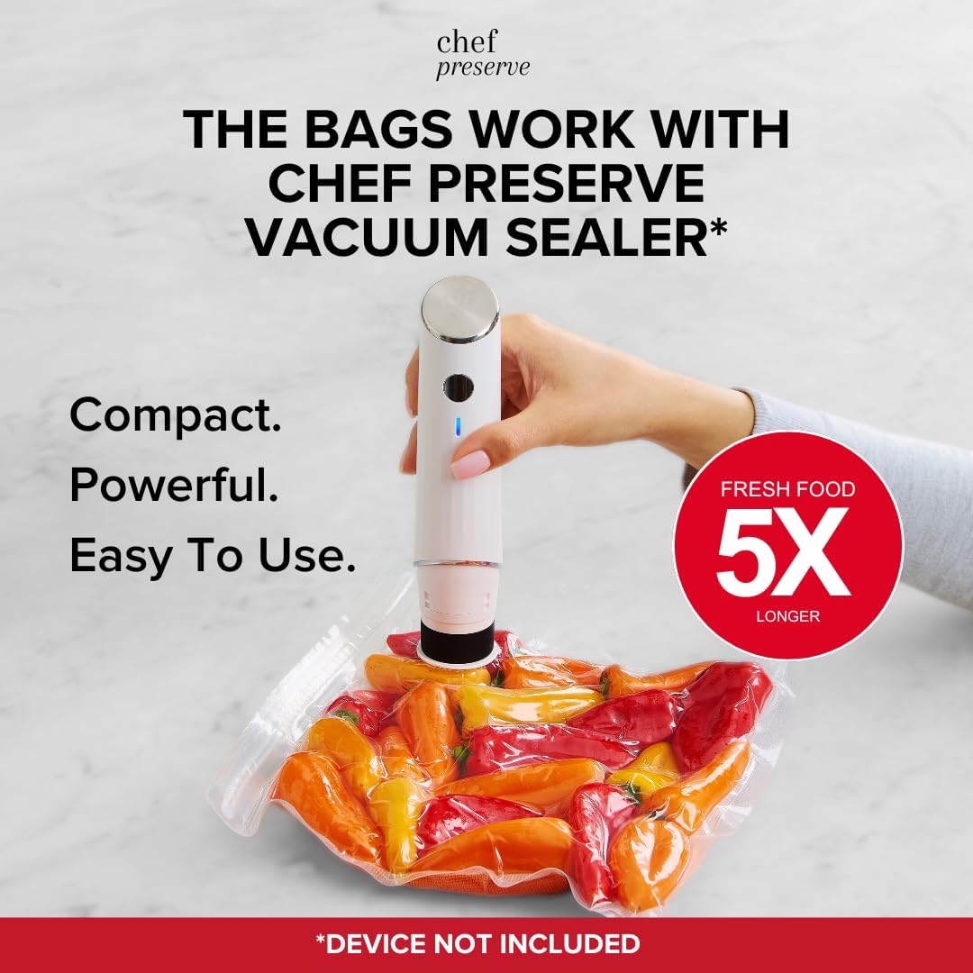 Chef Preserve Reusable Vacuum Sealer Bags for Food – 30 BPA-Free Large (12 x 13 in) Food Storage Bags, Freezer, Microwave – Odor-Resistant, Leak-Proof – Compatible with Chef Preserve Vacuum Sealers