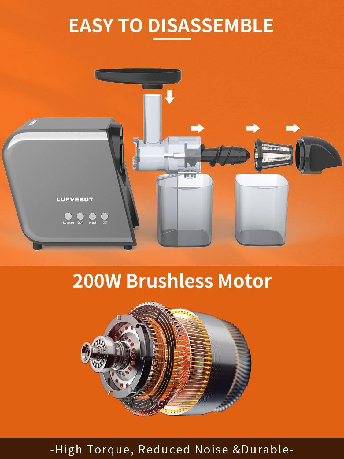Electric Juicer Slow Smart Home Juicer Machines for Fruits Vegetable Ginger Beets Carrots Celery Cold Press Masticating Juicer Extractor Dishwasher Safe Quiet Motor Easy To Clean with Reverse Function