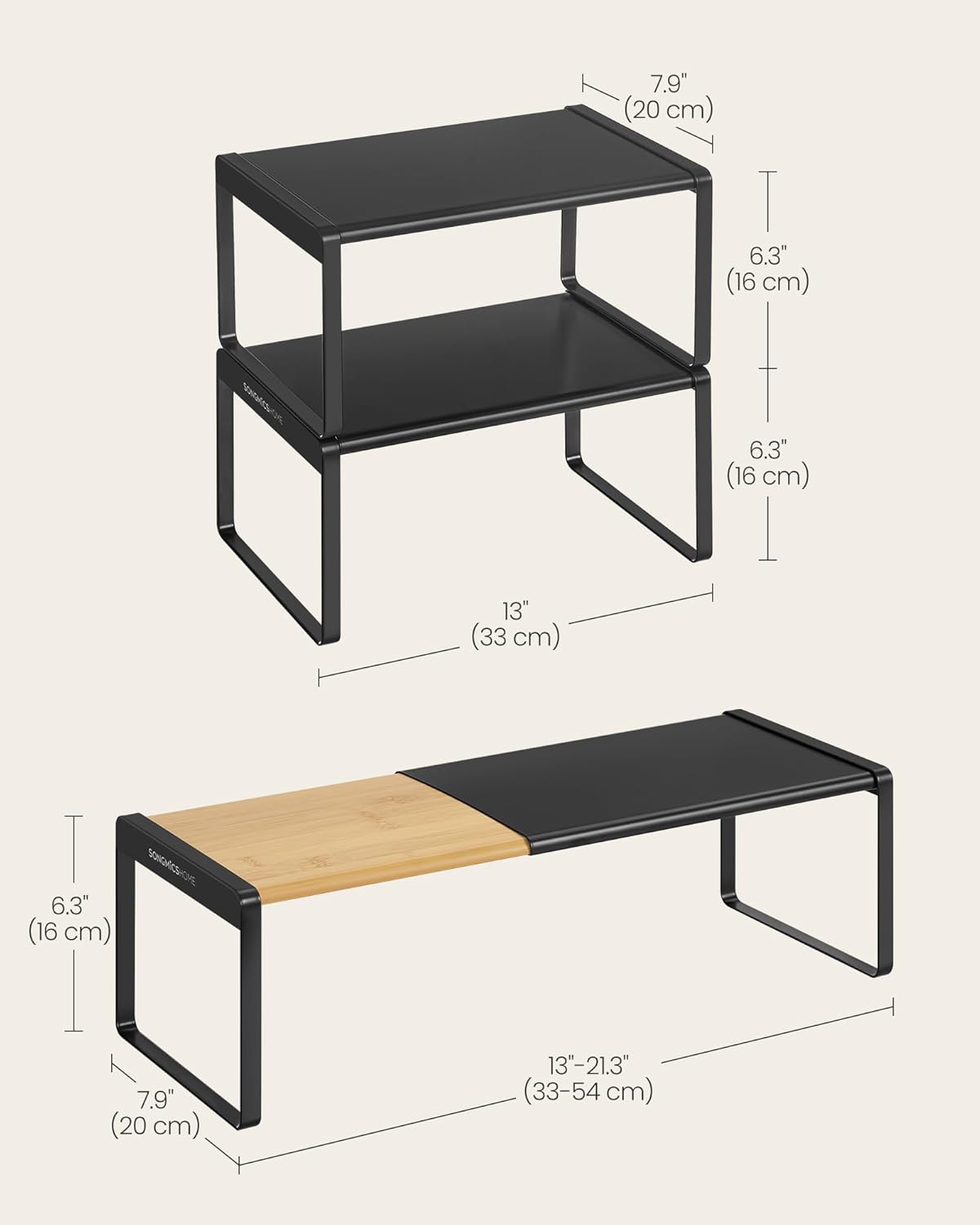SONGMICS HOME Spice Racks, Expandable Cupboard Shelf Orgnizers, Kitchen Counter Shelves, Bamboo and Metal, Space-Saving Shelving, Stackable, Light Bamboo and Ink Black UKCS051B01