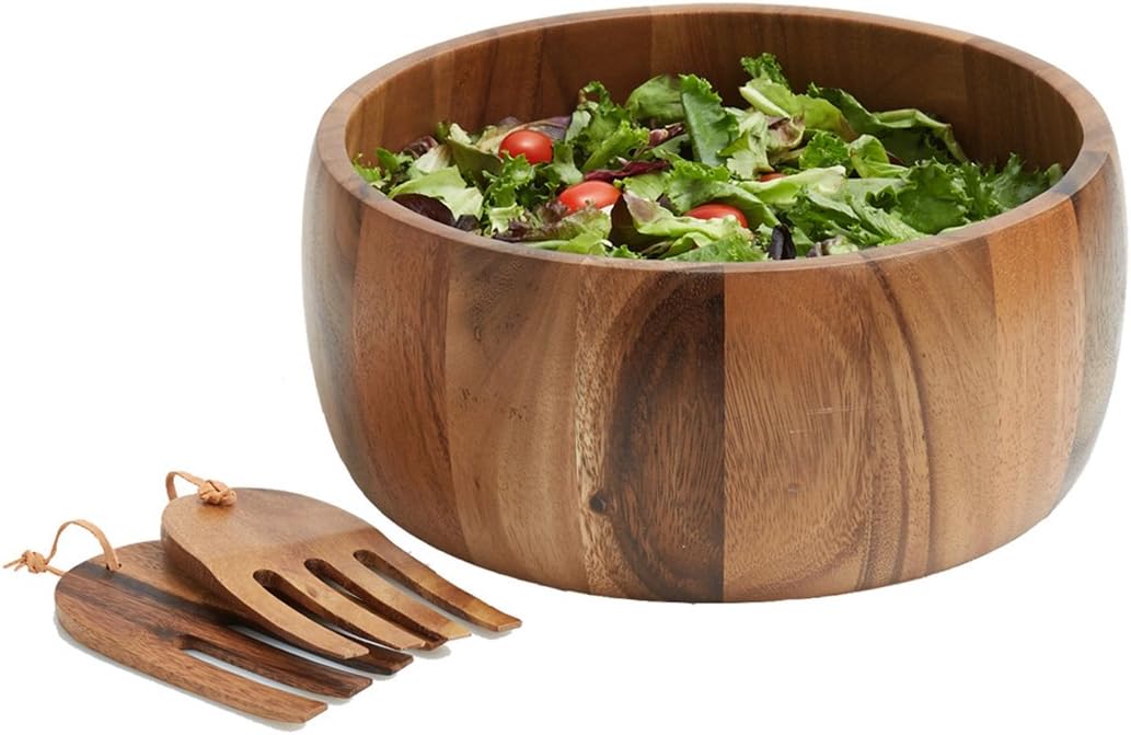 Acacia Wood 10” Salad Serving Bowl with Salad Hands 3 Piece Set by Woodard & Charles ★★PACK OF 4★★