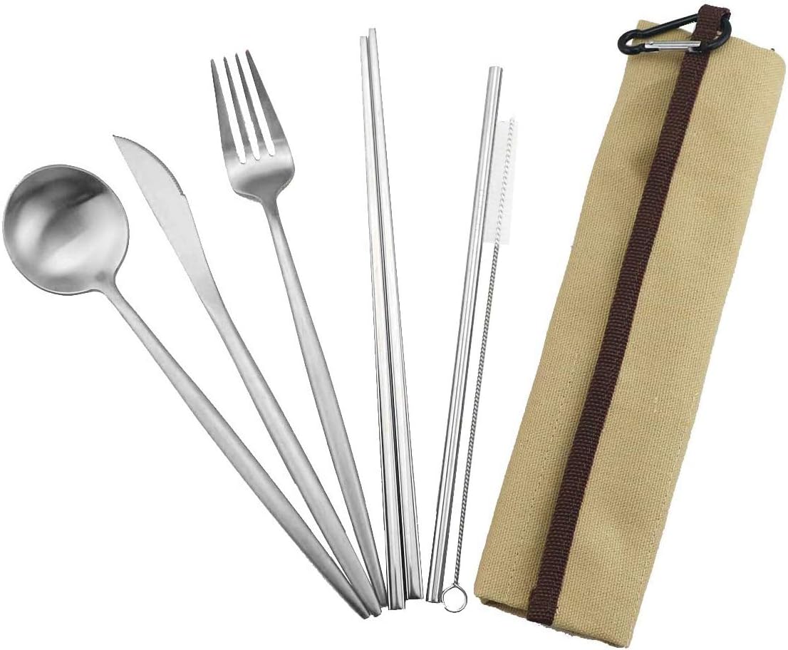 Gugrida Reusable Travel Utensils, 7 Pieces Portable 18/10 Stainless Steel include Knife Fork Spoon Chopsticks Cleaning Brush Straws Portable Pouch, Eco-friendly Camping Silverware Set, Dishwasher Safe