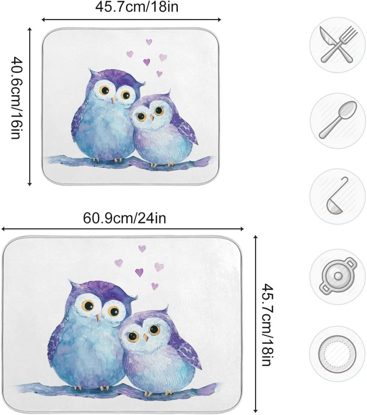 Cute Owl Dish Drying Mat for Kitchen Counter Absorbent Microfiber Drying Pad, Large 18x24 in, Reversible Drainer Mats