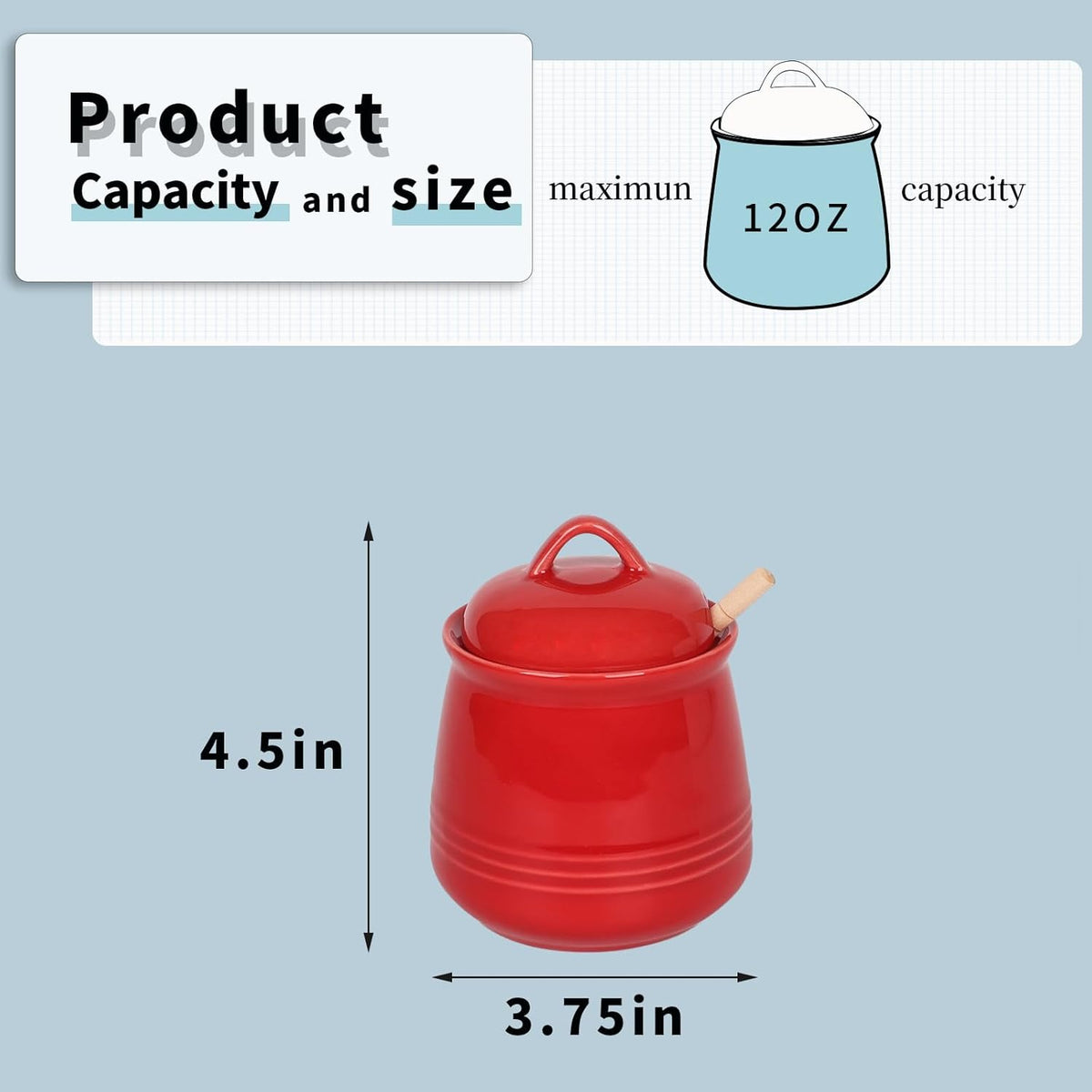 HAOTOP Ceramic Honey pot with Lid and Honey Dipper,Porcelain Honey Jar Easy to Clean and Dishwasher Safe,12oz (Red)
