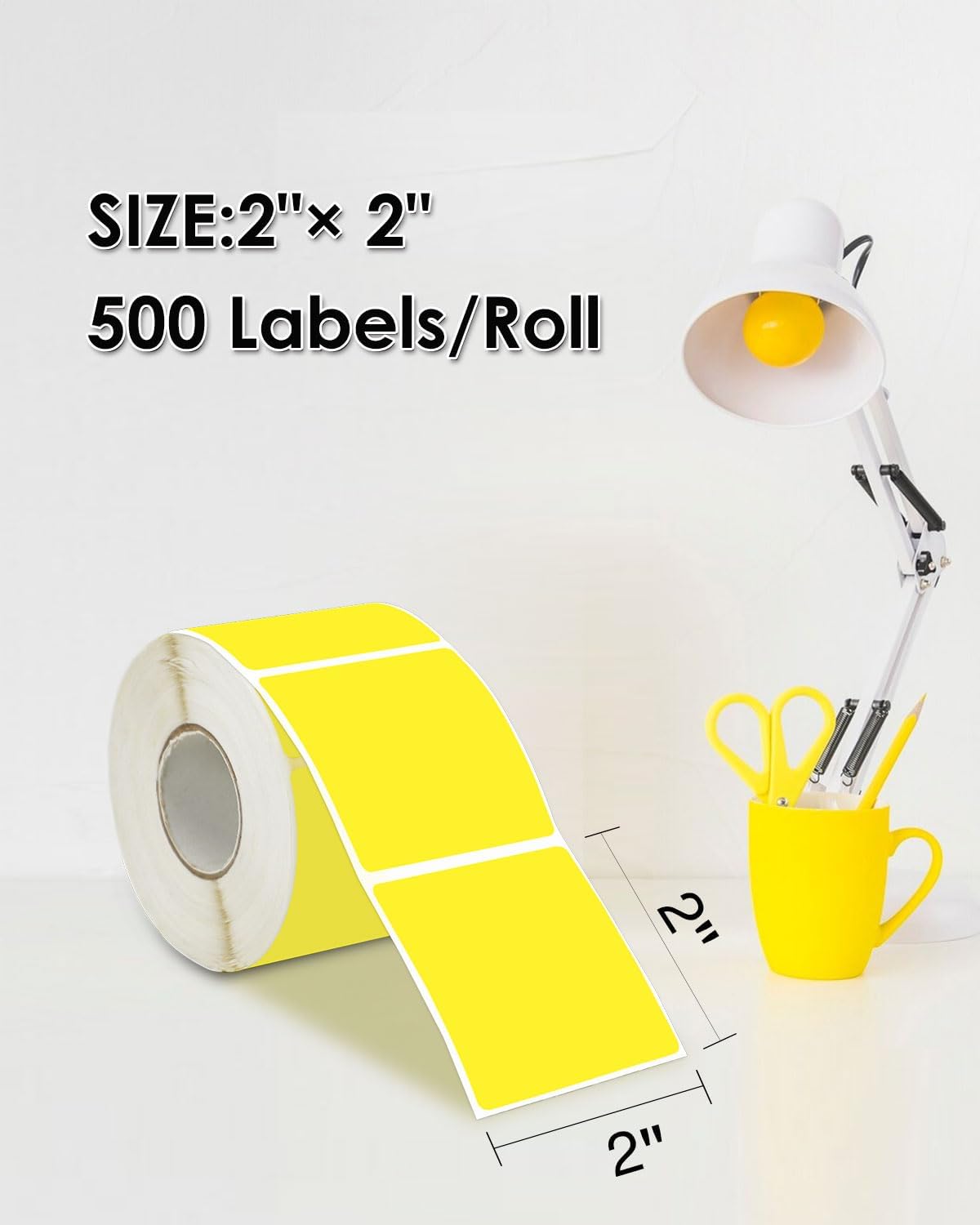 iEager Yellow Square Thermal Label Stickers, 2"x2" Self-Adhesive Square Direct Thermal Labels with Perforation Line, 500 Sheets/Roll