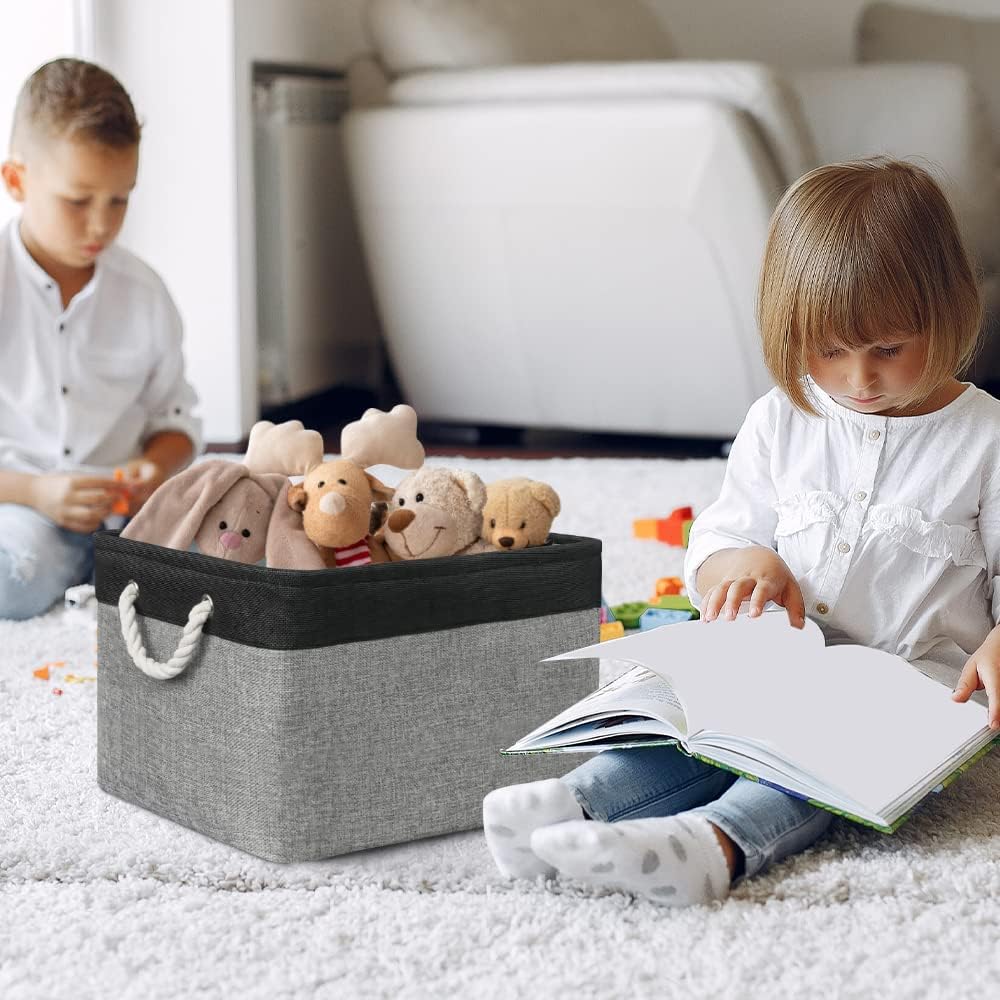 Organization and Storage Bins for Shelves - 17X15X12 inch 2 Pack Foldable Baskets for Organizing, Fabric Storage Cubes with Rope, Storage Box for Decorative Cloth (Black & Grey)