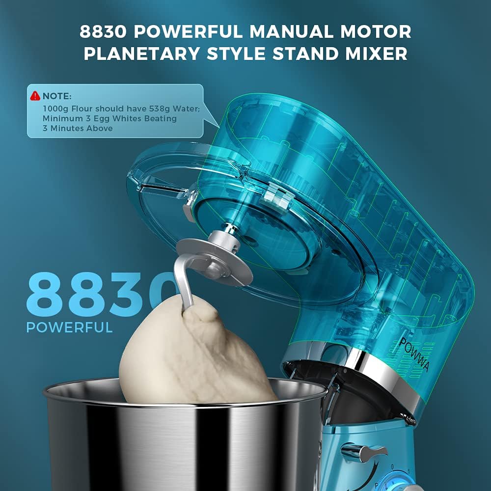 Stand Mixer, POWWA 7.5 QT Electric Mixer, 6+P Speed 660W Household Tilt-Head Kitchen Food Mixers with Whisk, Dough Hook, Mixing Beater & Splash Guard for Baking, Cake, Cookie, Kneading (Blue)