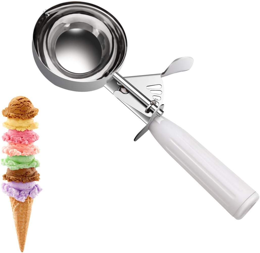 Commercial-Grade Ice Cream Scooper 5.33 oz, 18/8 Stainless Steel Cookie Scoop with Plastic Handle, Portion Control Disher Scoop for Bakeries,Restaurants & Dessert Shops, #6, White