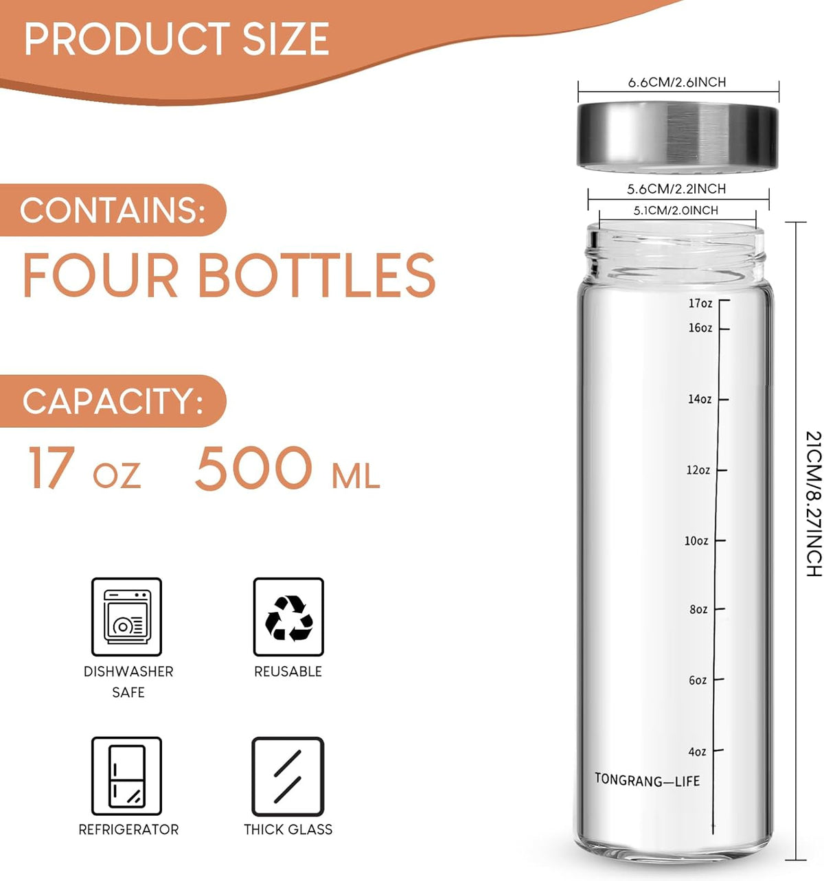 17Oz Glass Juice Bottles with Lids- 4 Pack Glass Shaker Bottles for Protein Mix,Juicing,Beverage,Water,Smoothies, Milk,Reusable Mason Jars,Water Bottle,Milk Jar Bottle