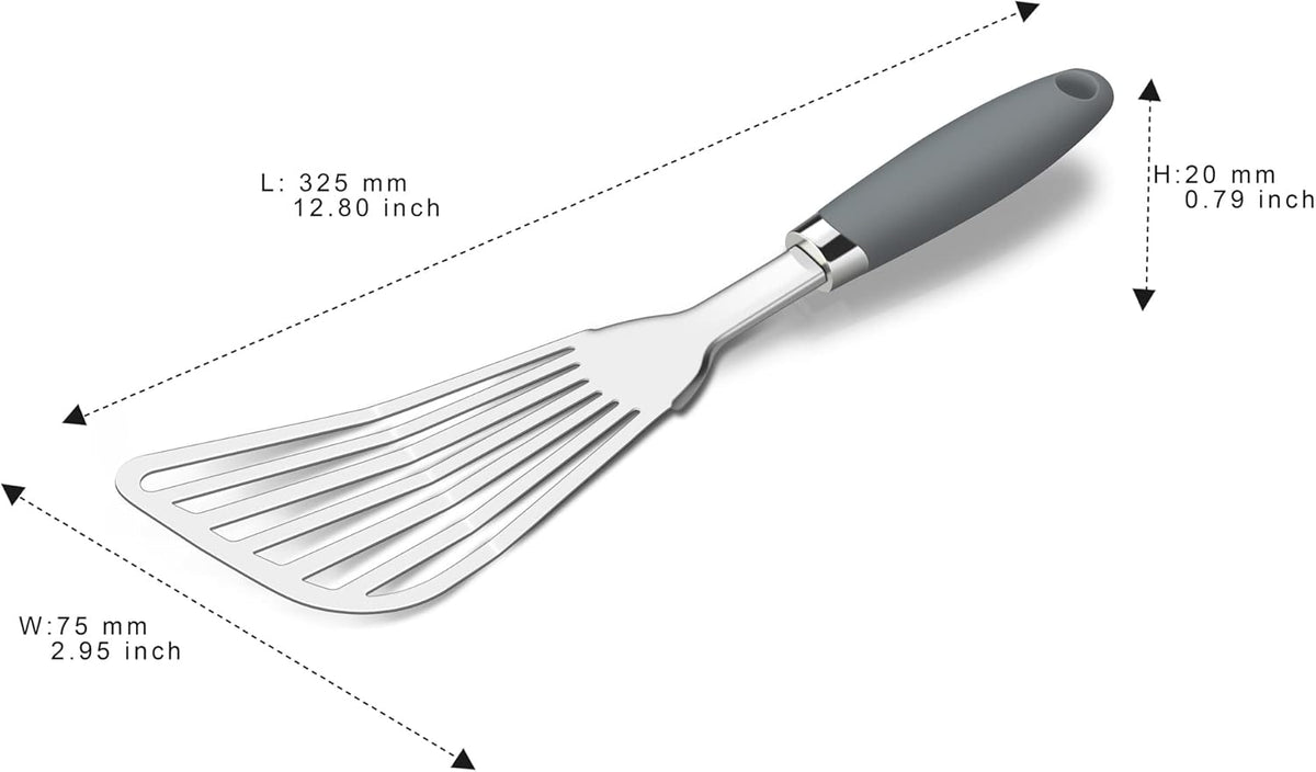 304 Stainless Steel Fish Spatula, Non-Slip Ergonomic Handle Slotted Spatula, Grey