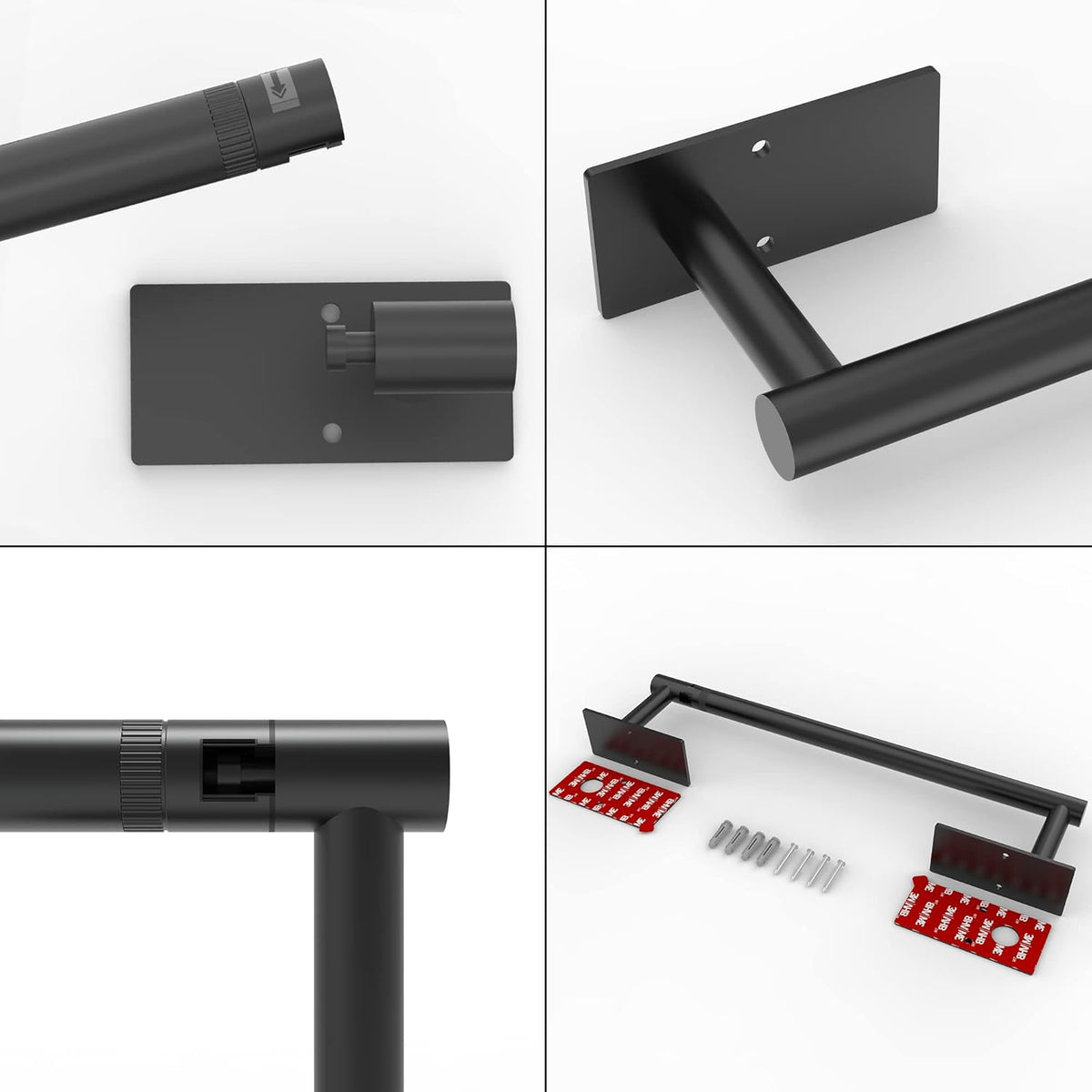 Ruacq Matte Black Paper Towel Holder Double Post Pivoting Square Base Under Cabinet Paper Towel Holder for Kitchen Self-Adhesive or Drill mounting