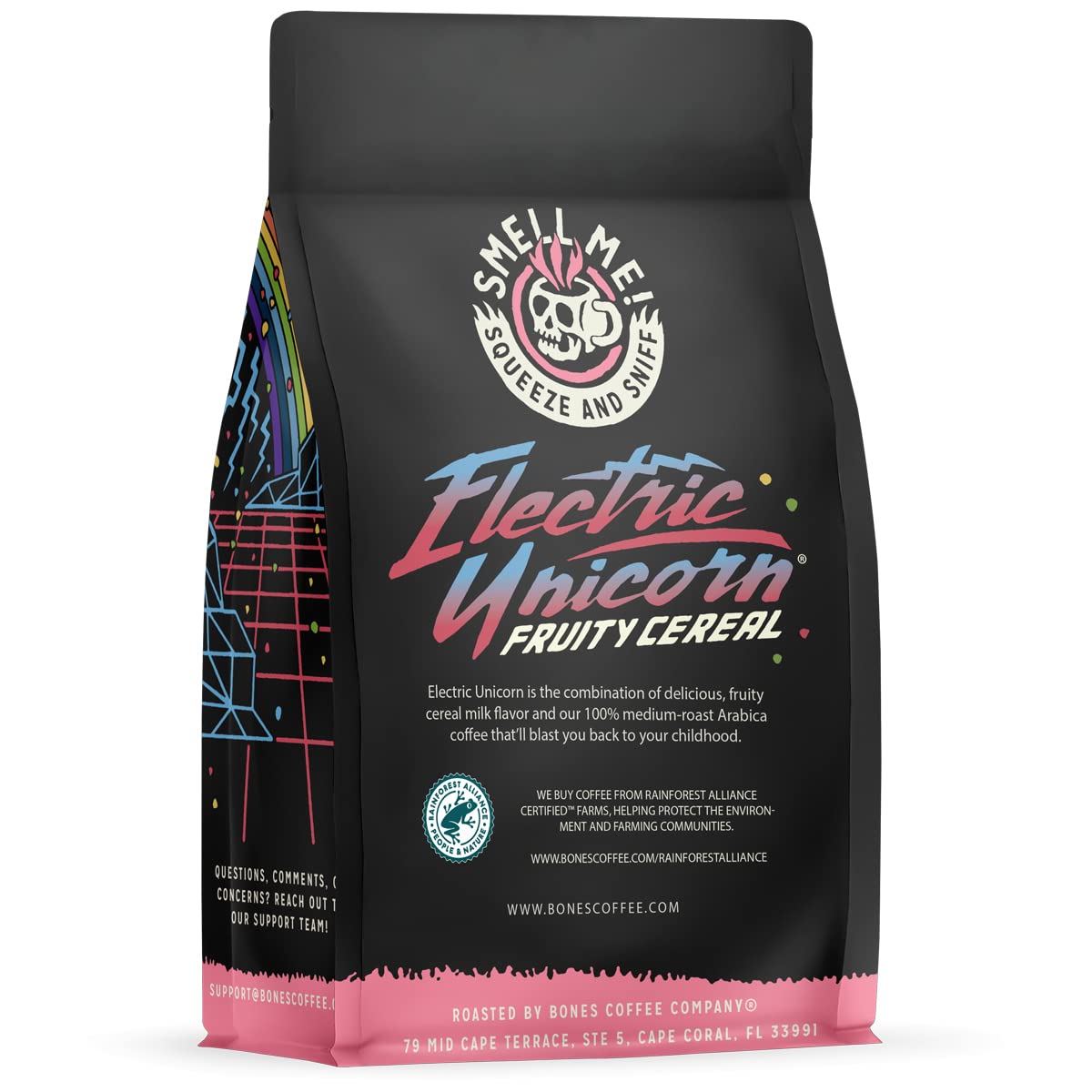 Bones Coffee Company Electric Unicorn, Fruity Cereal With Milk Flavored Coffee, Medium Roast Low Acid Arabica Beans Compatible with Auto drip and French Press Coffee Maker, 12 Oz Whole Bean