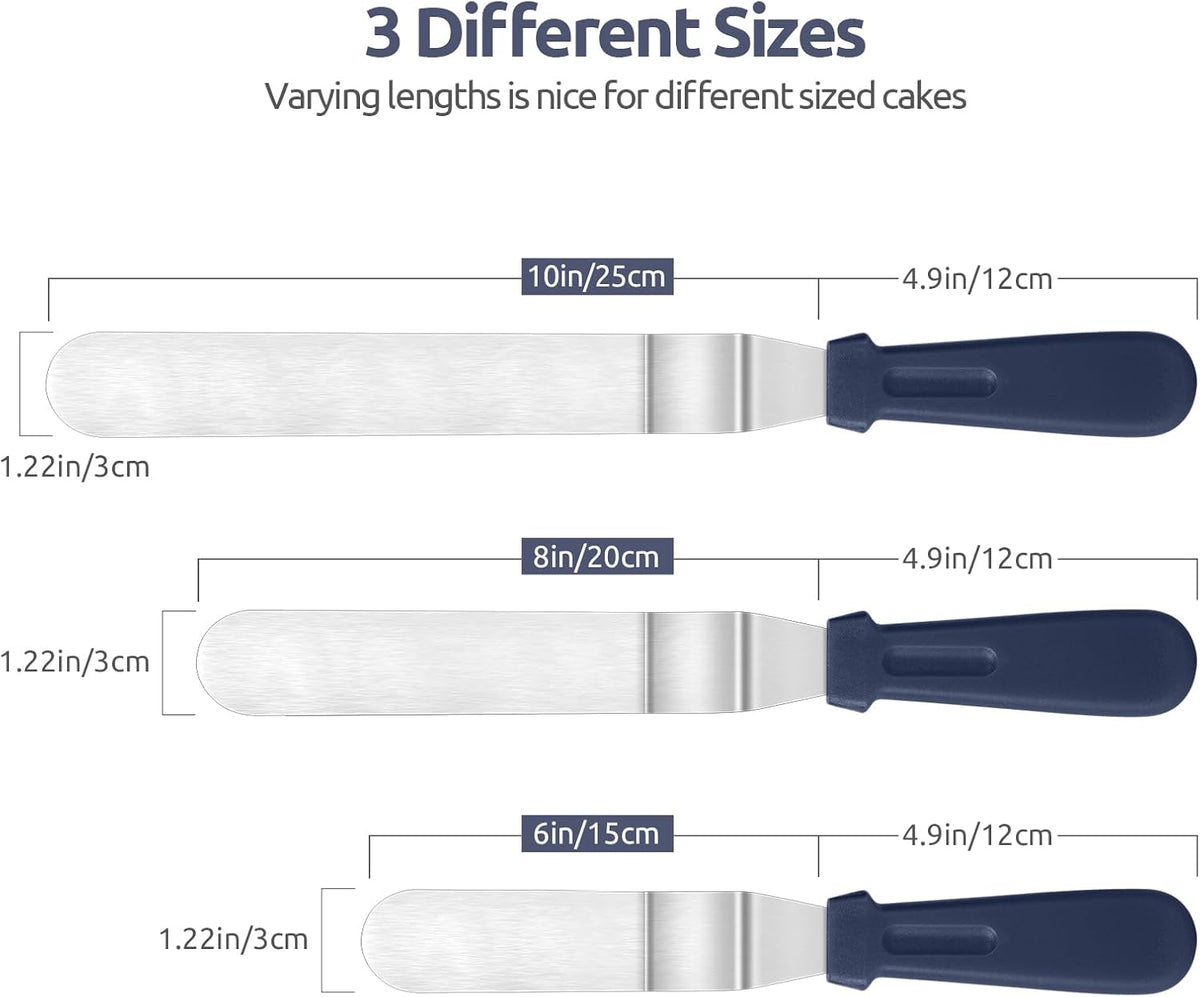 U-Taste Offset Spatula for Cake: Angled Icing Spatula Set with Wide 6", 8", 10" Blade, Flexible Stainless Steel Pastry Decorating Frosting Metal Baking Spreader for Cupcake (Set of 3, Midnight Blue)