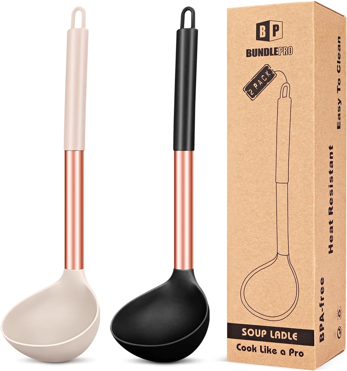 Pack of 2 Ladle Spoon,Silicone Large Spoon for Soup,Non Stick Kitchen Utensils with High Heat Resistant,BPA Free Perfect Kitchen Tools for Cooking, Stirring,Serving Soups (ROSE GOLD BLACK-KHAKI)