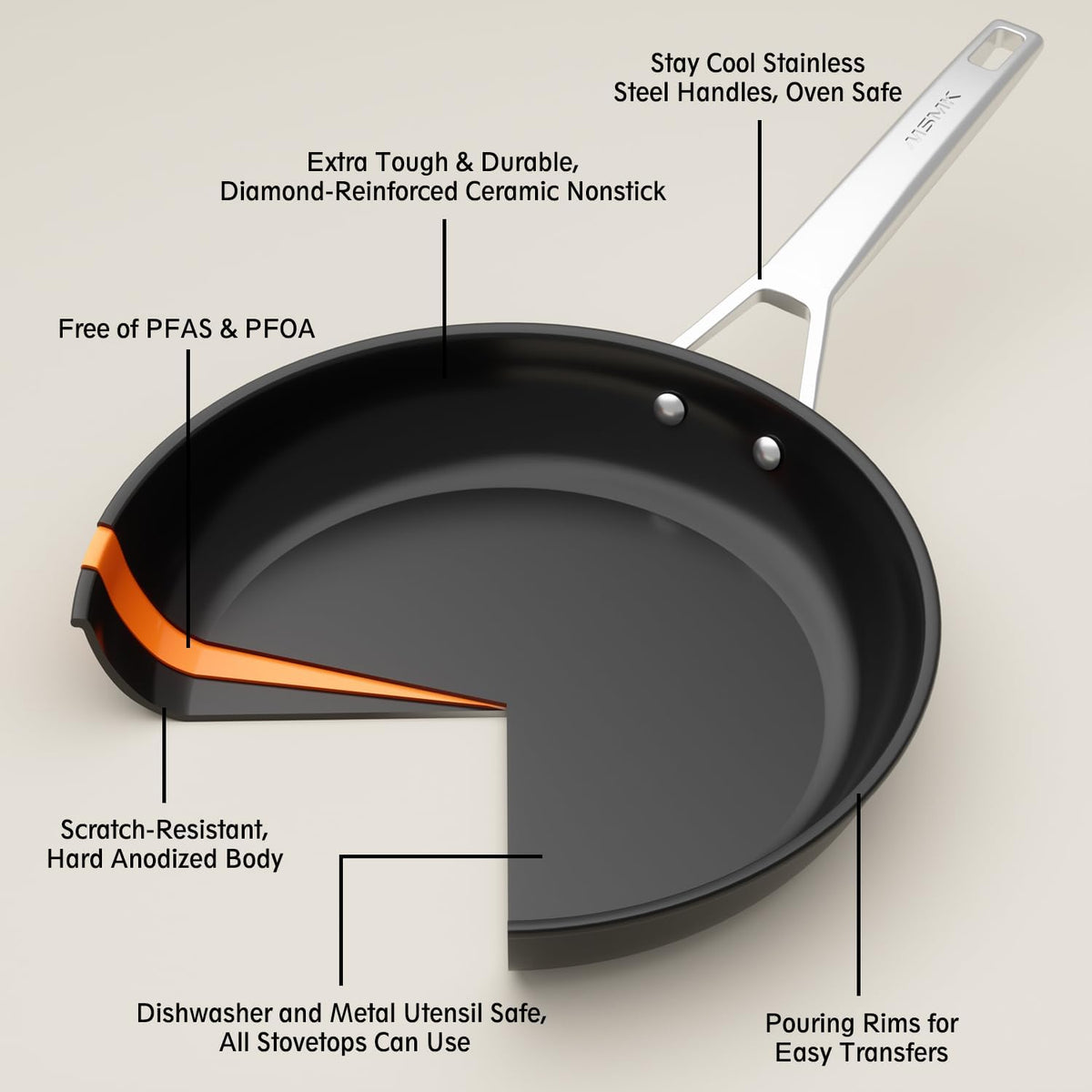 MsMk 10 inch Nonstick Frying Pan, Carbonize also Non-Stick Saute Pans, PFAS & PFOA Free Non-Toxic, Scratch-resistant, All Stovetops for Induction, Ceramic and Gas Cooktops, Dishwasher & Oven Safe