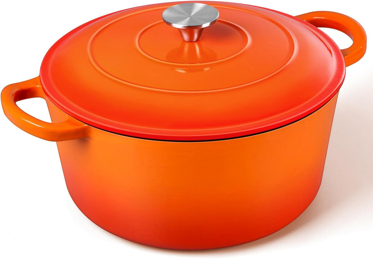 P&P CHEF 6QT Enameled Dutch Oven, Cast Iron Dutch Oven Pot with Lid for Bread Baking, Enameled Casserole Pot for Roasting Braising Stewing Frying Simmering, Various Stoves & Easy Clean, Orange