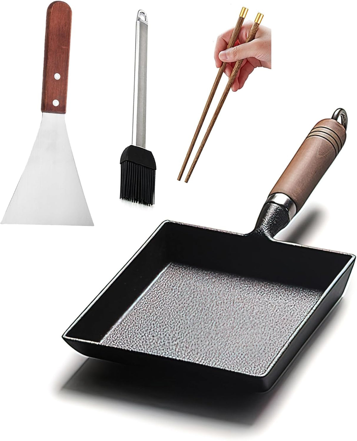 YYMIYU Tamagoyaki Japanese Omelette Pan Cast Iron Wooden Handle 9×7 inch