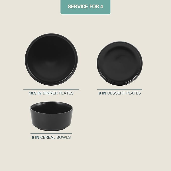 Gibson Home Dempsey Road 12-Piece Stoneware Dinnerware Set – Service for 4, Round Black Plates and Bowls, Durable Solid Color Modern Embossed Dish Set, Microwave & Dishwasher Safe