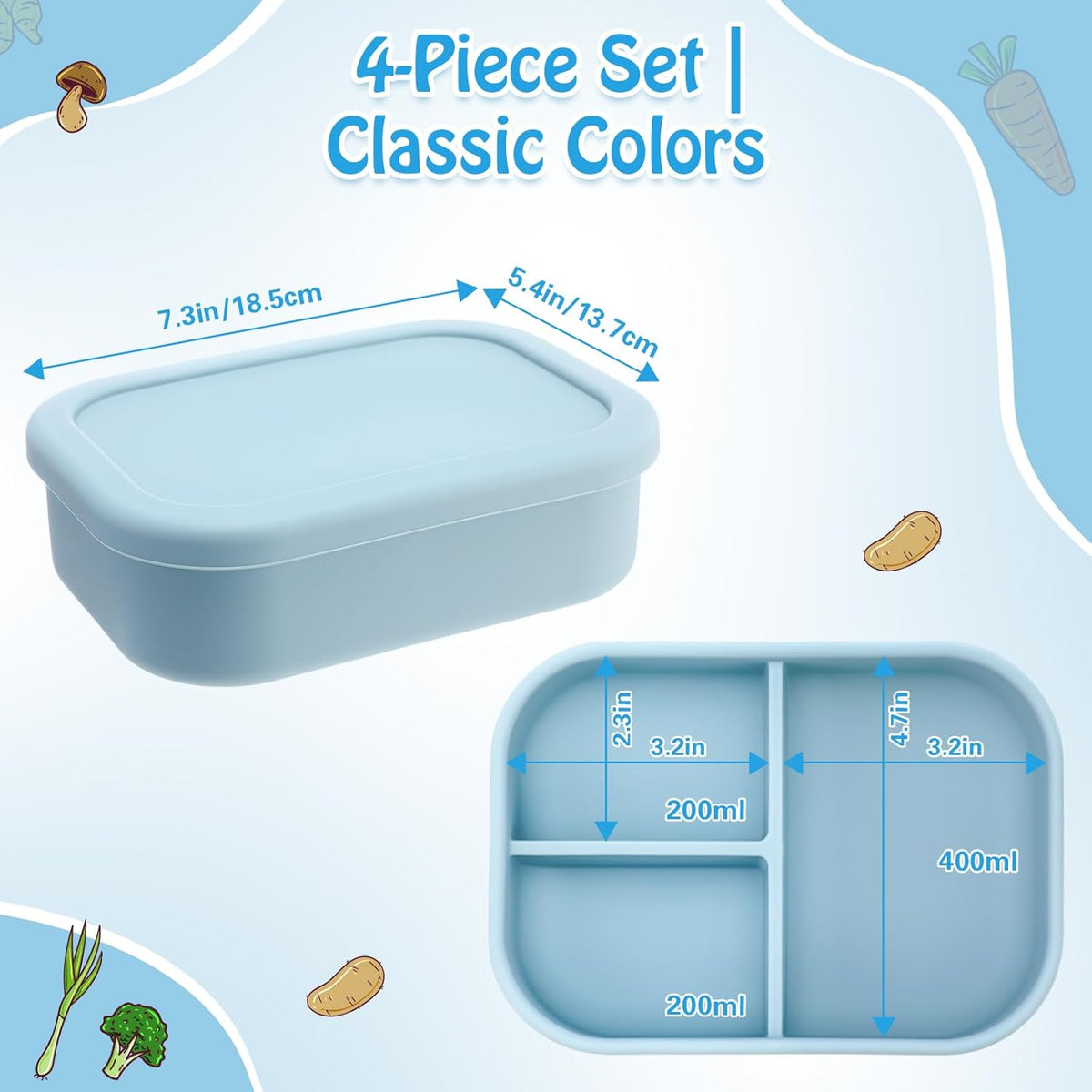 Honeydak 4 Pcs Silicone Bento Lunch Box 3 Compartment Reusable Leakproof Silicone Bento Lunch Container for Adults Microwave Dishwasher Freezer Safe(Blue)