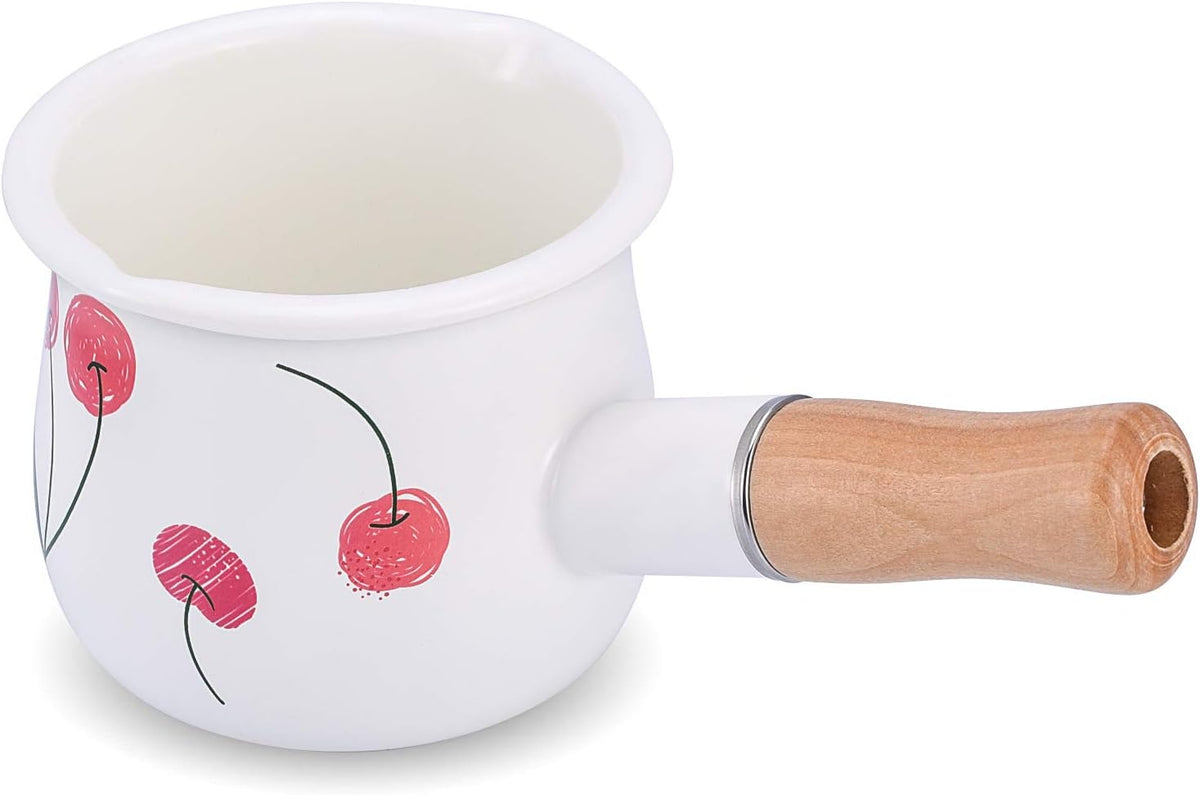 Enamel Milk Pot, Small Saucepan Butter Warmer 4 Inch 17 Oz with Wooden Handle for Heating Smaller Liquid Portions