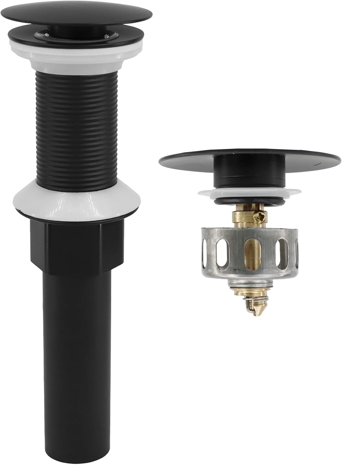 Bathroom Sink Drain,Drain Stopper Bathroom Sink Without Overflow,Pop Up Drain Assembly with Detachable Strainer Basket,Built-in Anti-Clogging, Stainless Steel Nut Mattle Black