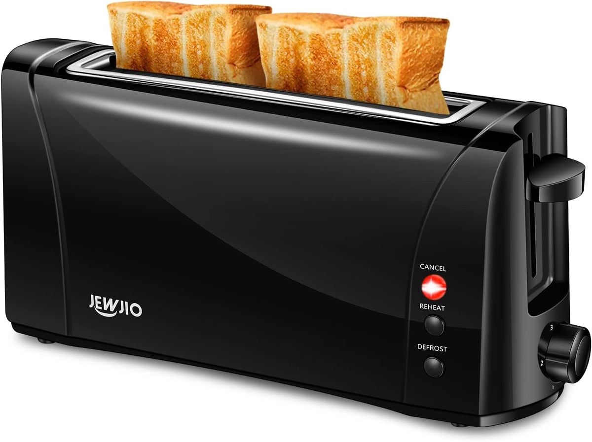 JEWJIO Slim Compact 2 Slice Toaster with Wide Long Slot - Vintage Black, 1000W, Defrost/Reheat/Cancel, 6 Shade Settings, Removable Crumb Tray for Bagels & Waffles