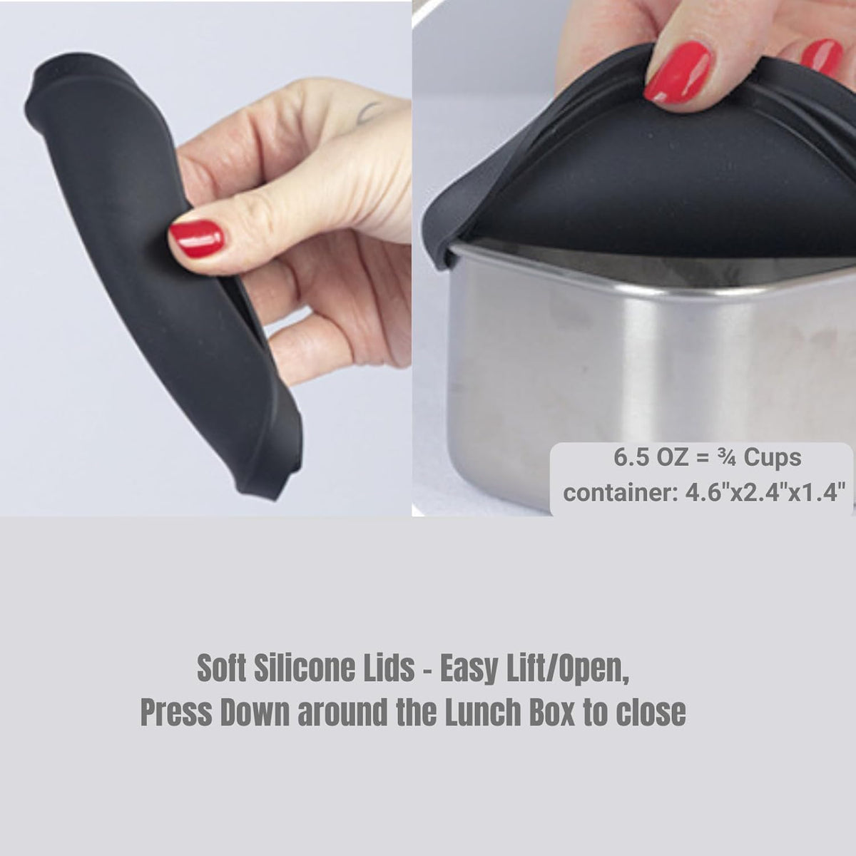 Flexibento - 2 x 6.5 oz | Leak proof | Small Stainless steel Snack Containers with Silicone lids|Dip, snacks, condimenrs | Plastic and BPA free | Metal Lunch box | Black (set of 2)