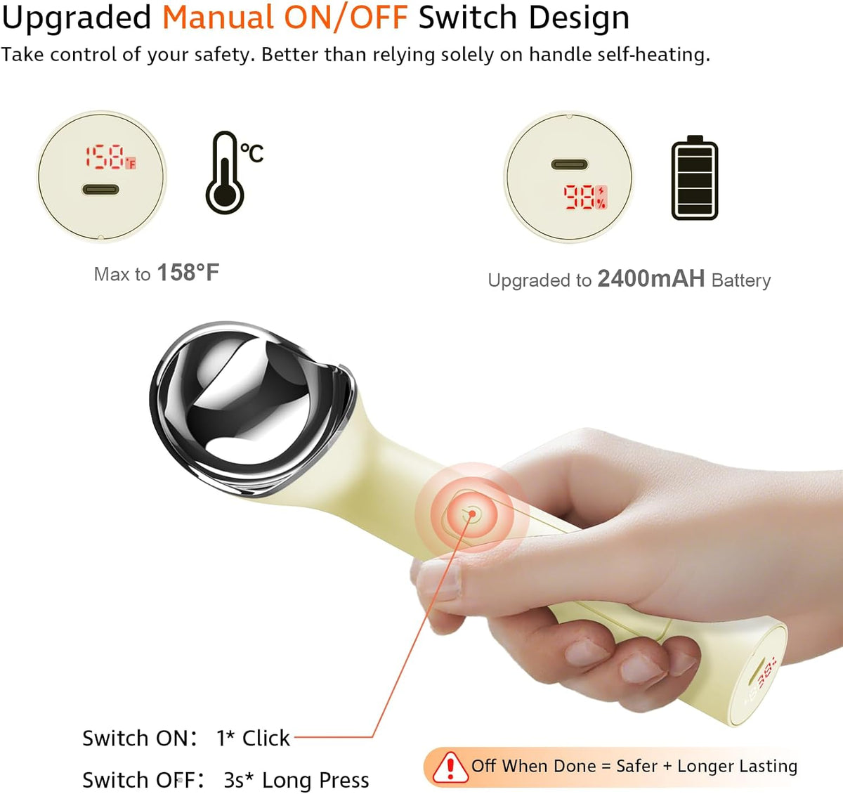 Heated Ice Cream Scoop with On/Off Switch(Latest Gen 3.0): Rechargeable Electric Icecream Scooper with Holder,2025 Kitchen Gadgets for Hard Ice Cream, Waterproof IP67,Max to 158℉