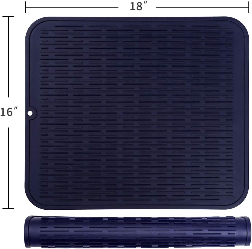 Silicone Dish Drying Mat for Multiple Usage,Easy clean,Eco-friendly,Heat-resistant Silicone Mat for Kitchen Counter or Sink,Refrigerator or Drawer Liner Navy Blue XL 18 inches x 16 inches