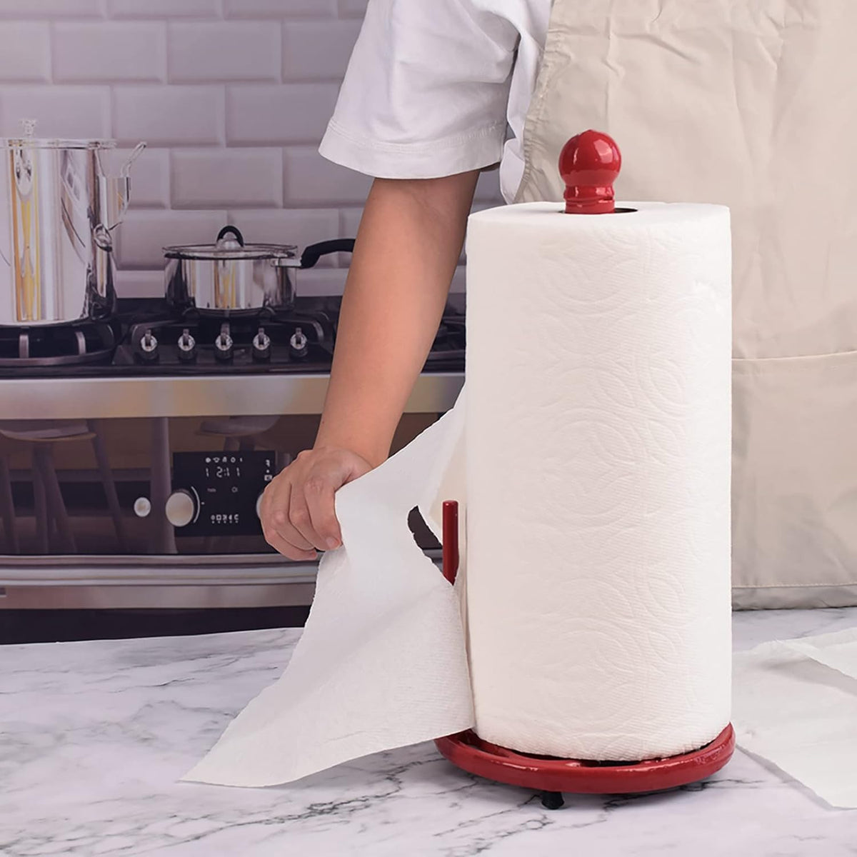 Vintage Paper Towel Stand - Cast Iron Kitchen Countertop Decor, Easy Tear Roll Towel Holder, Red