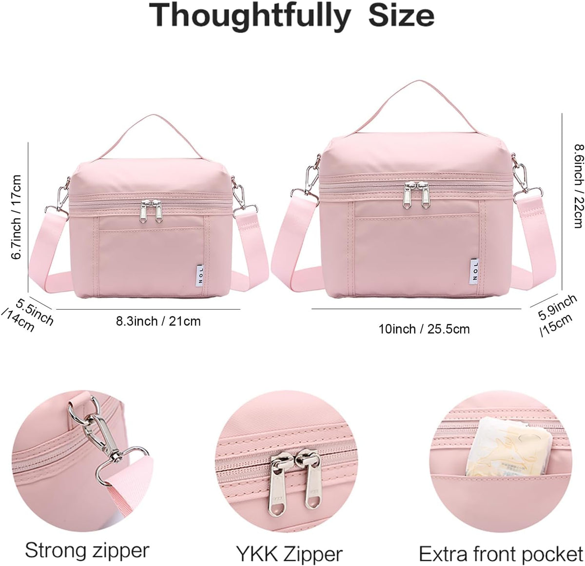 NOL Natural Organic Lifestyle Insulated Lunch Bags for Women Cooler Bag Lightweight Nylon Waterproof Lunch Box For Work (Medium, Pink)