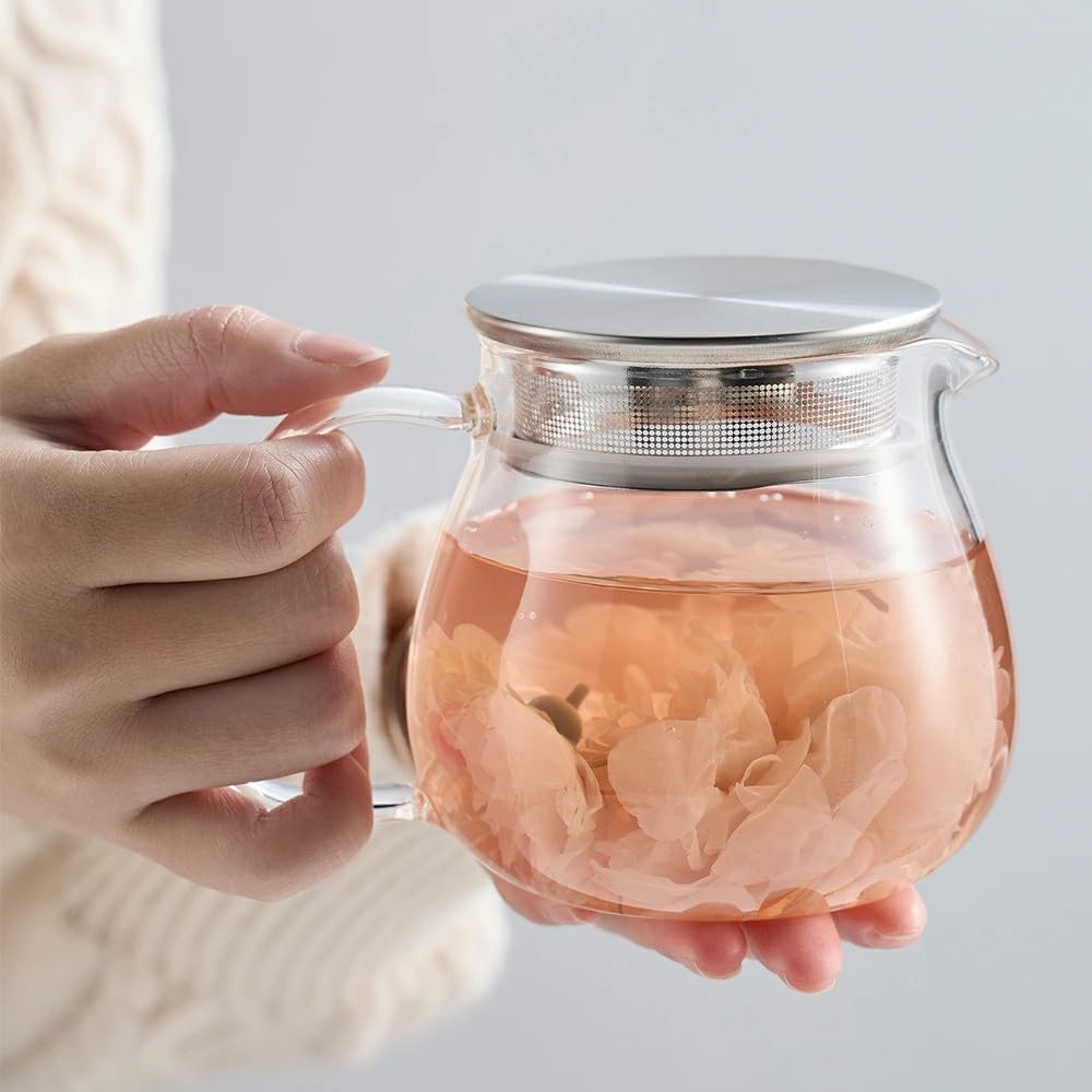 IwaiLoft Glass Teapot with Removable Stainless Steel Filter Lid Stovetop & Microwave Safe Borosilicate Glass Kettle for Loose Leaf, Blooming Tea And Coffee Sharing (15OZ)