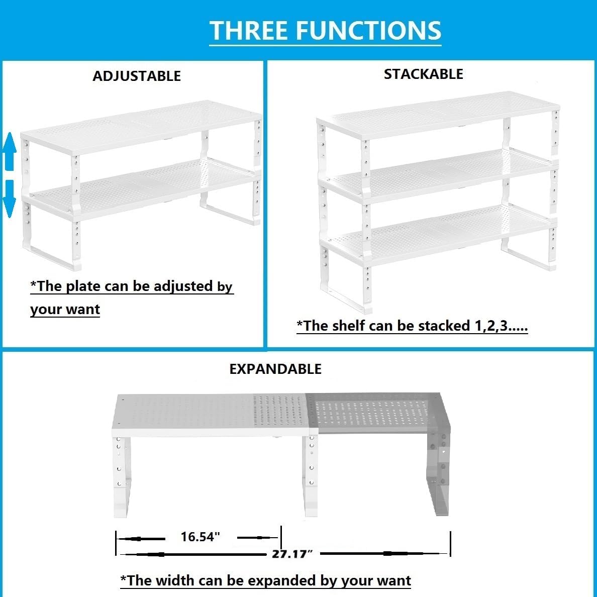 Expandable,Adjustable & Stackable Spice Rack, Cabinet Kitchen Countertop Shelf Organizer,Metal Pantry Storage Shelves - Space-Saving Storage Solution(1Pack/White/Medium)
