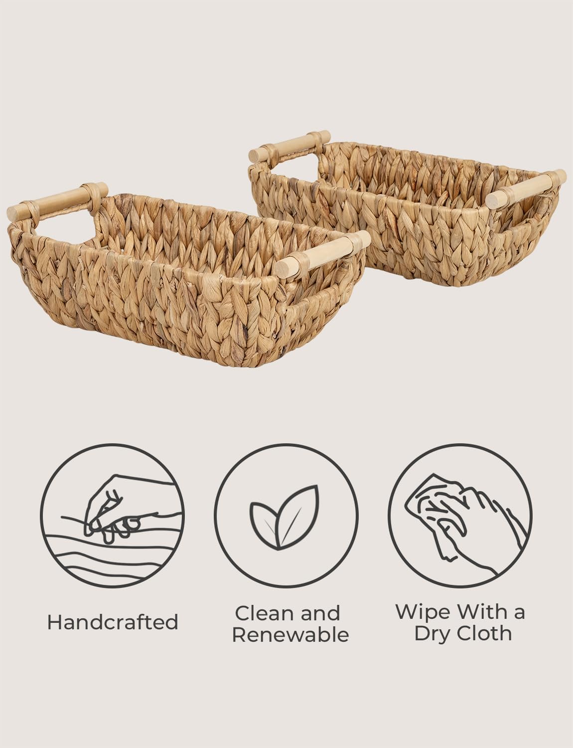 StorageWorks Hand-Woven Small Wicker Baskets, Water Hyacinth Storage Baskets with Wooden Handles, 2-Pack