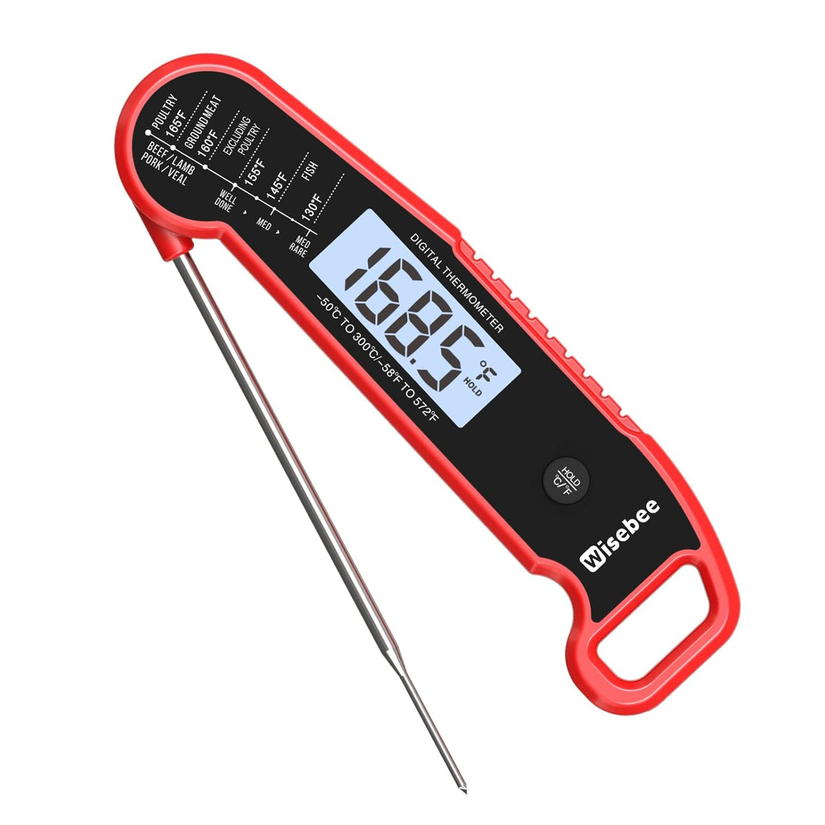 Wisebee Meat Thermometer Digital, 0.5 Sec Instant Read Waterproof Food Thermometer with 180°Auto-Rotate Backlit Display | Anti-Slip Handle | Magnetic Back | Hold Function for Cooking, Red
