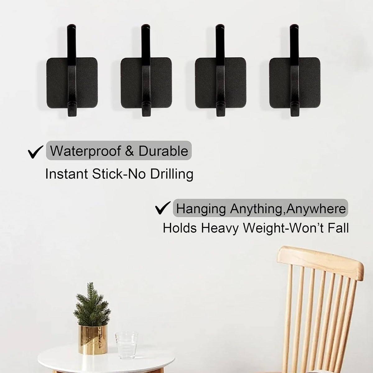 Aluminum Wall Hooks, No Drill Damage-Free Adhesive Hook, Product for Hanging Heavy Duty for Bathroom Kitchen Home (Double Square Black Hook, 4)